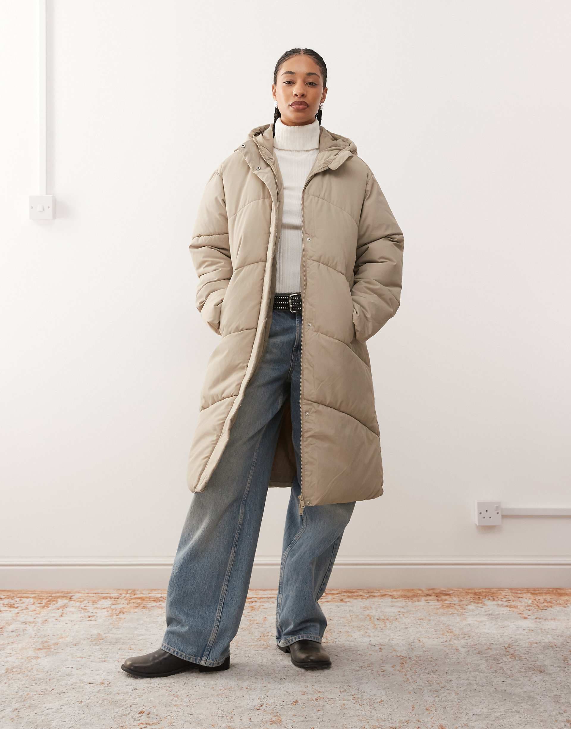 Noisy May longline padded puffer with hood in silver gray