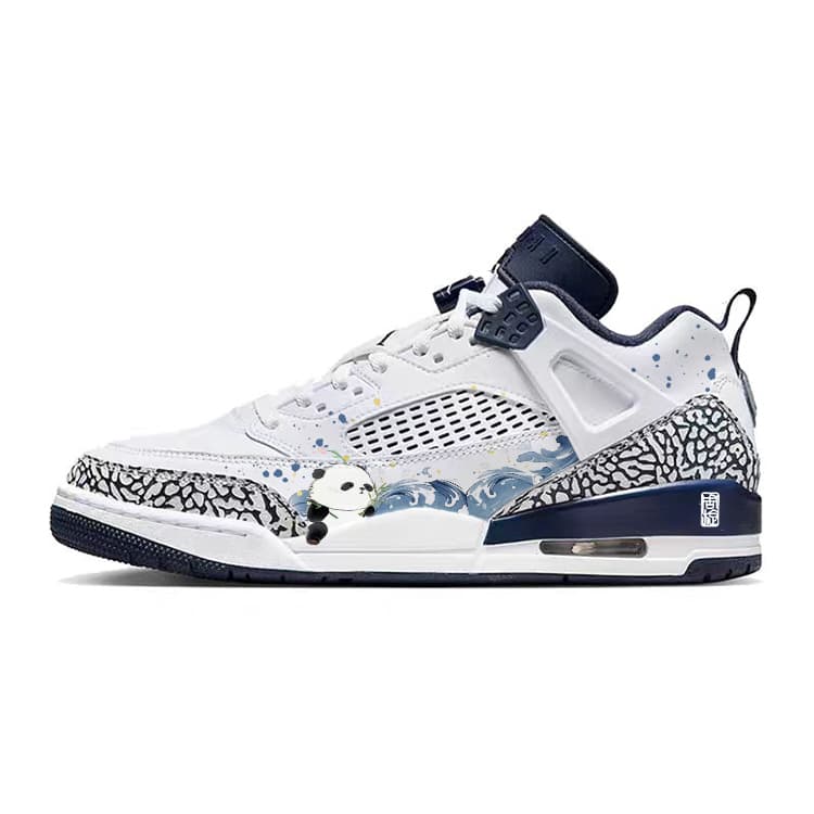 Custom Sneakers Jordan Spizike 'Clearing Obstacles, Panda Against the Wind' Wear-Resistant Slip-Resistant Low-Top Retro Basketball Shoes Men's White Blue