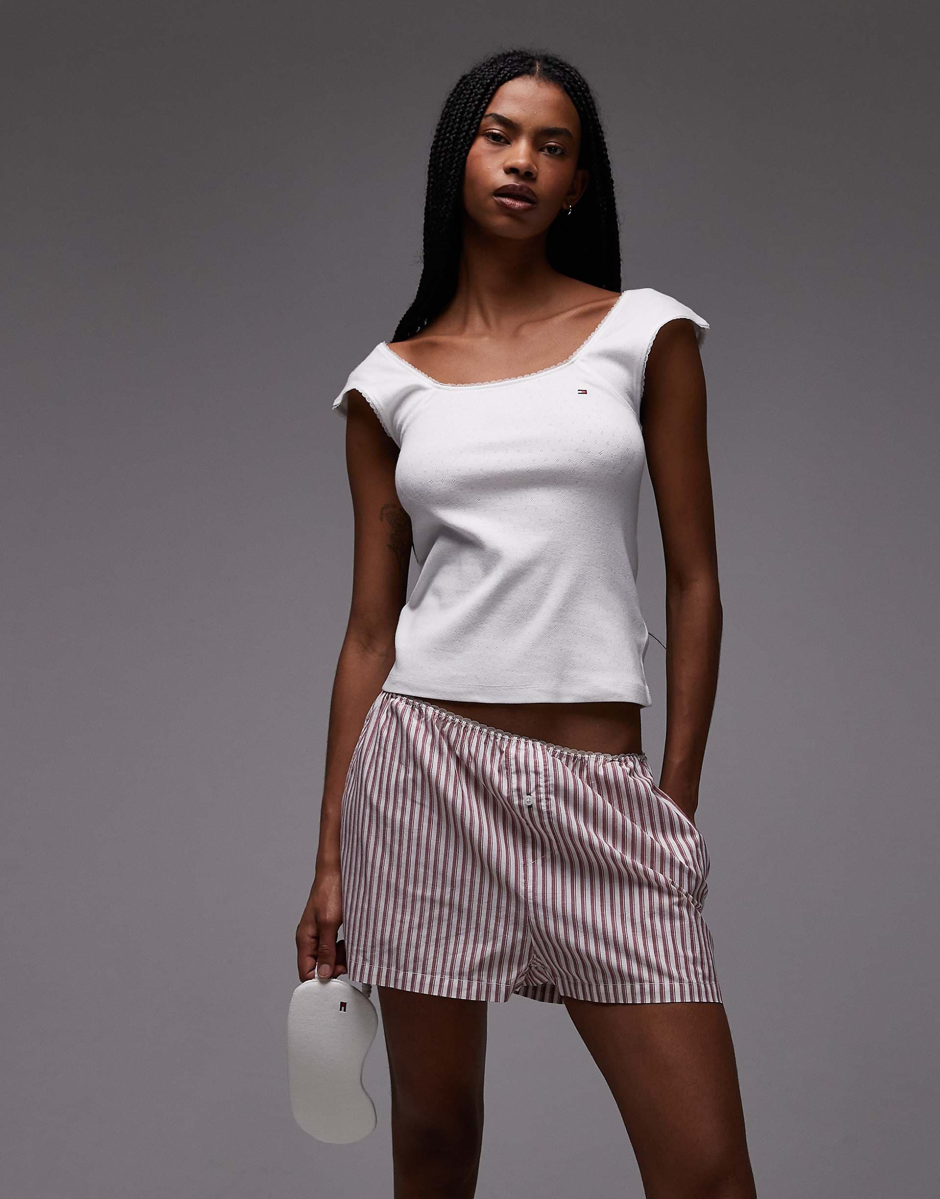 Tommy Hilfiger pointelle pajama top and shorts gift set with eye mask in white and red