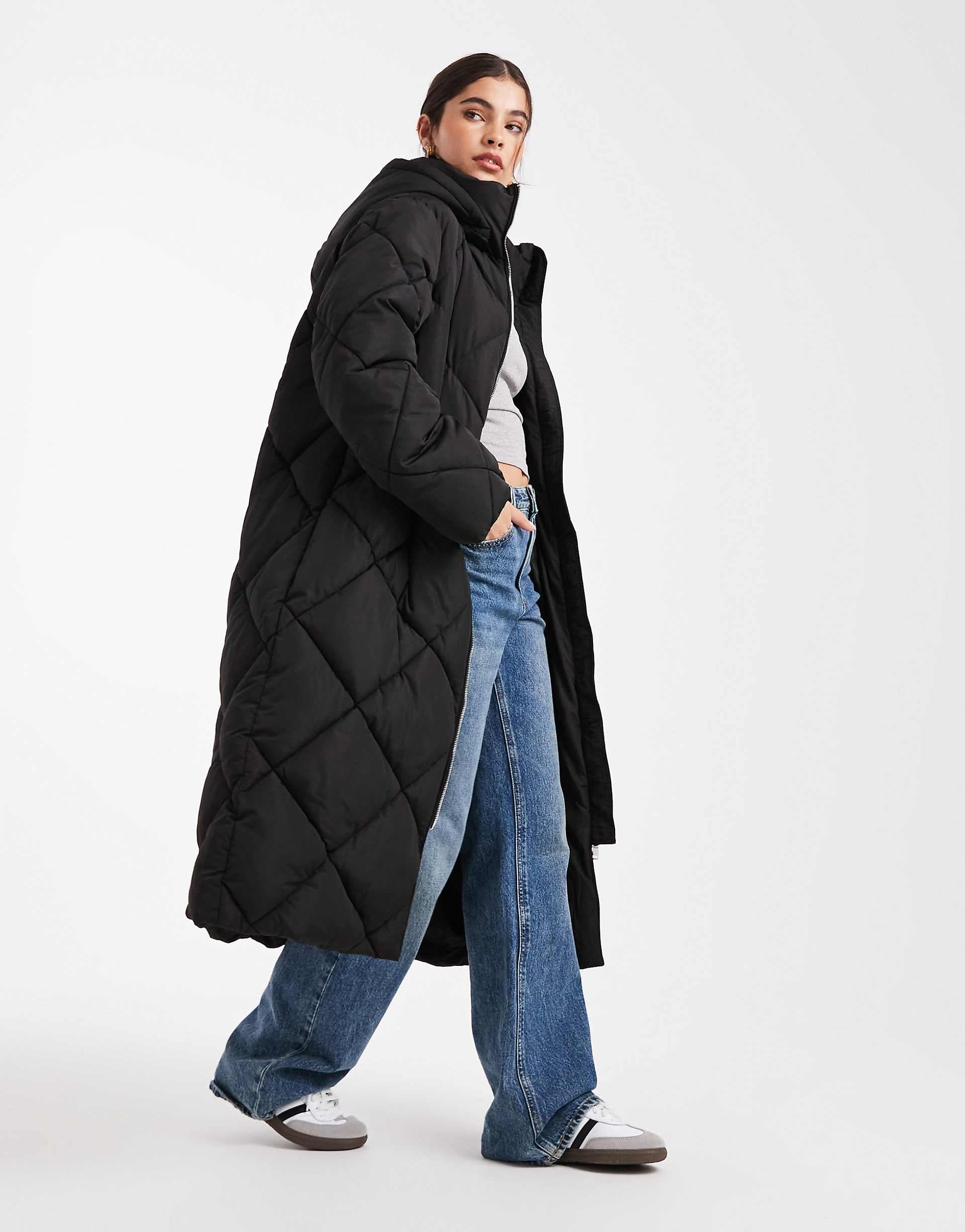 Miss Selfridge quilted hooded maxi puffer coat in black
