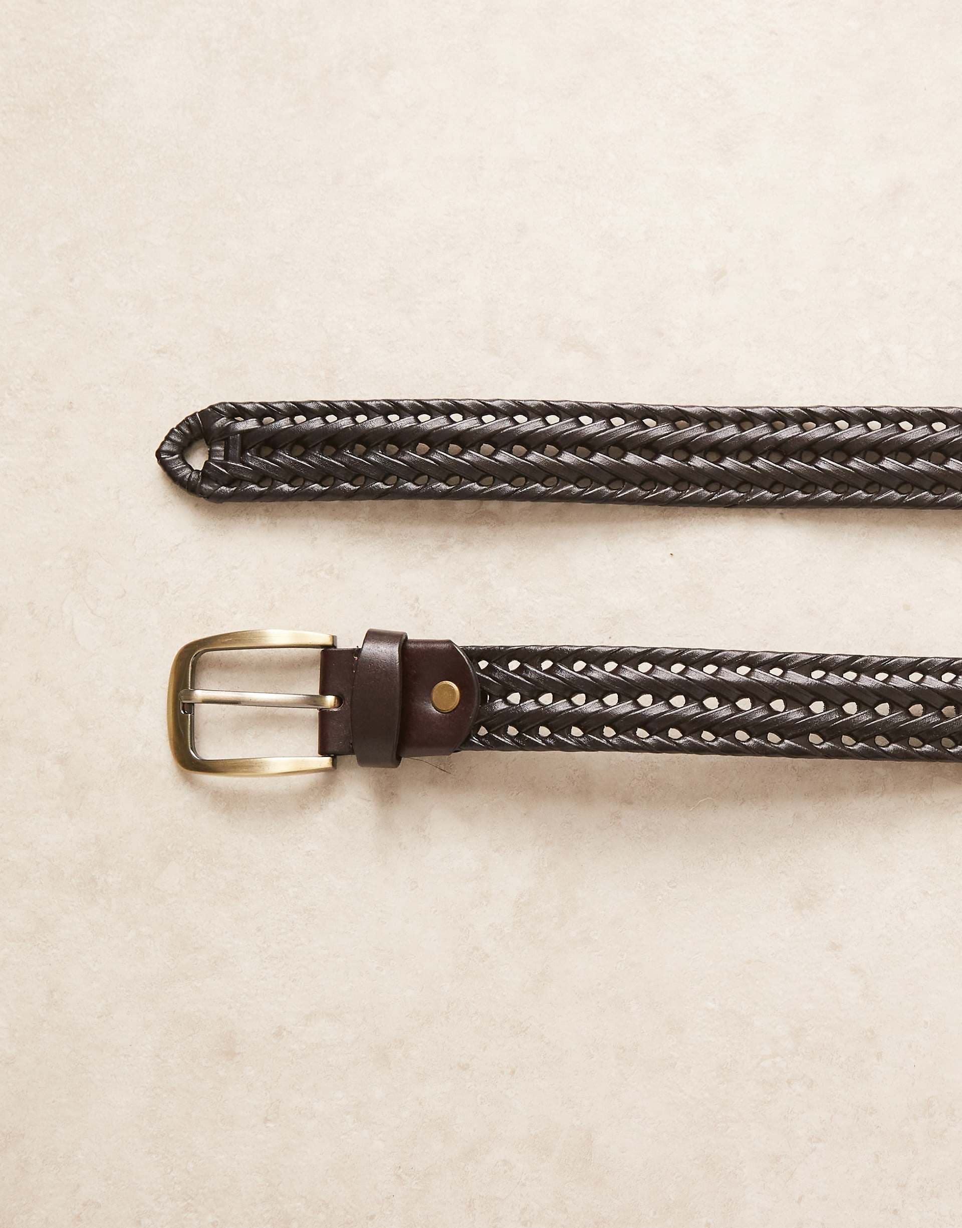 ASOS DESIGN smart leather woven belt with gold buckle in brown