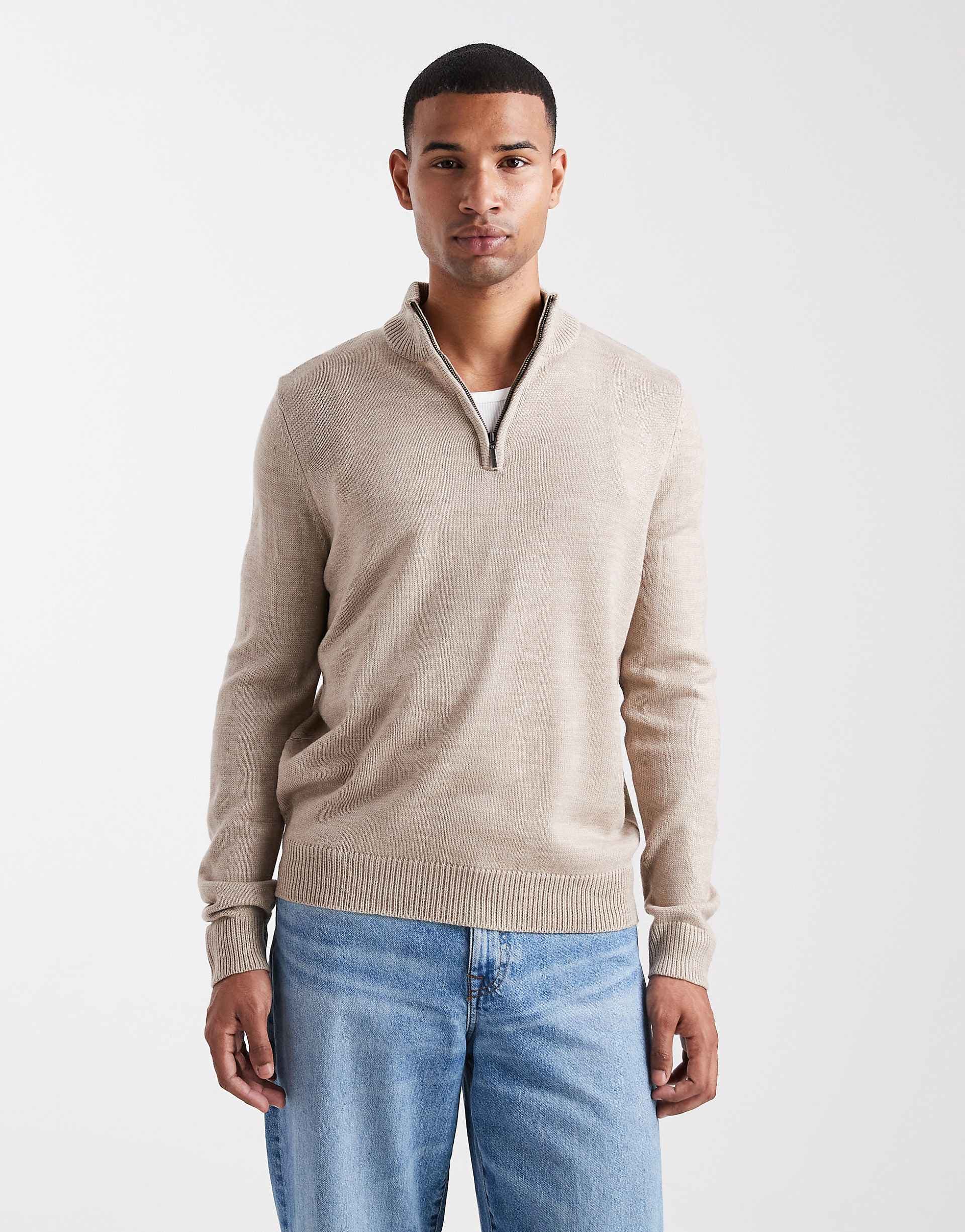 Brave Soul knit quarter zip sweater in beige