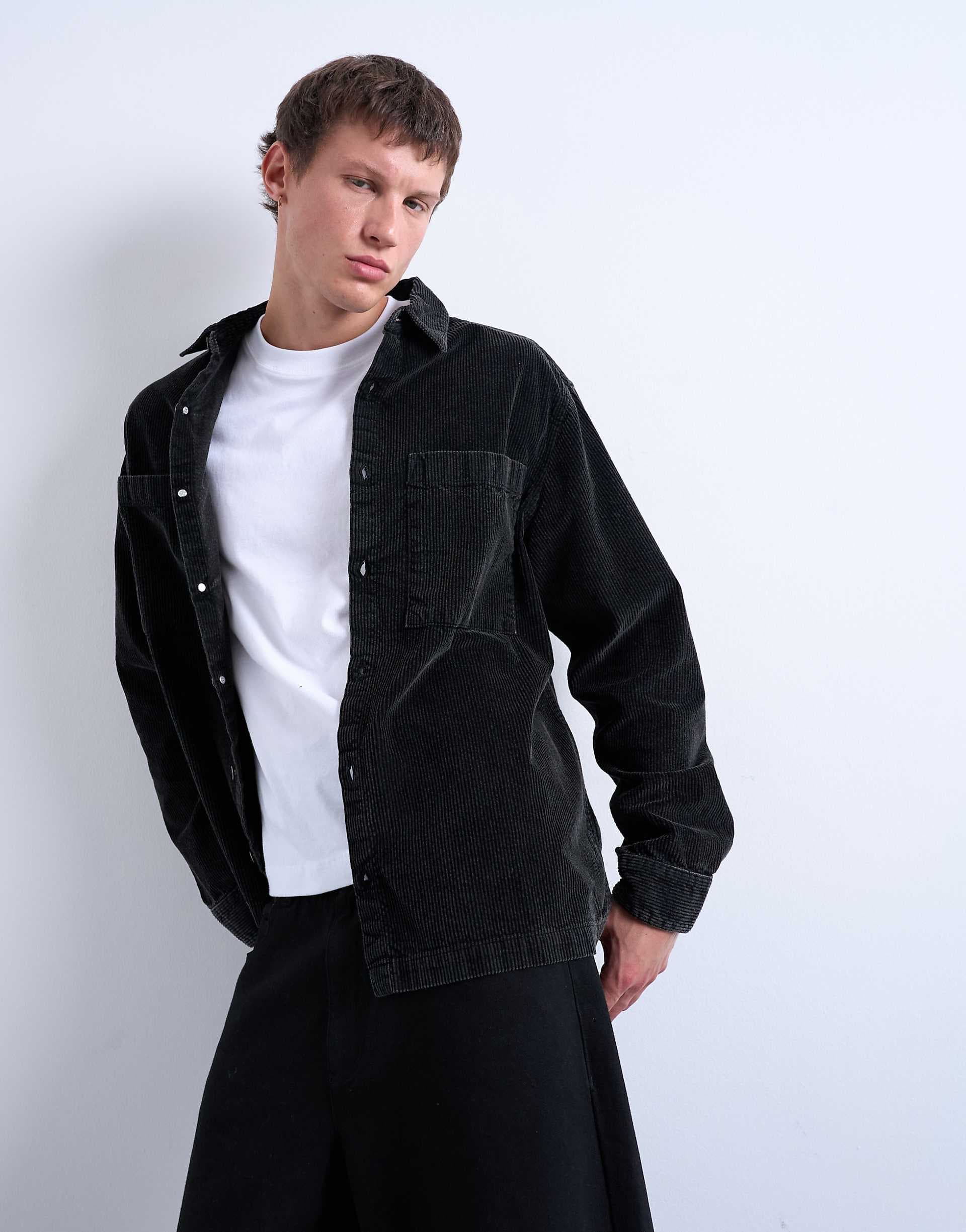 Topman washed corduroy overshirt in black