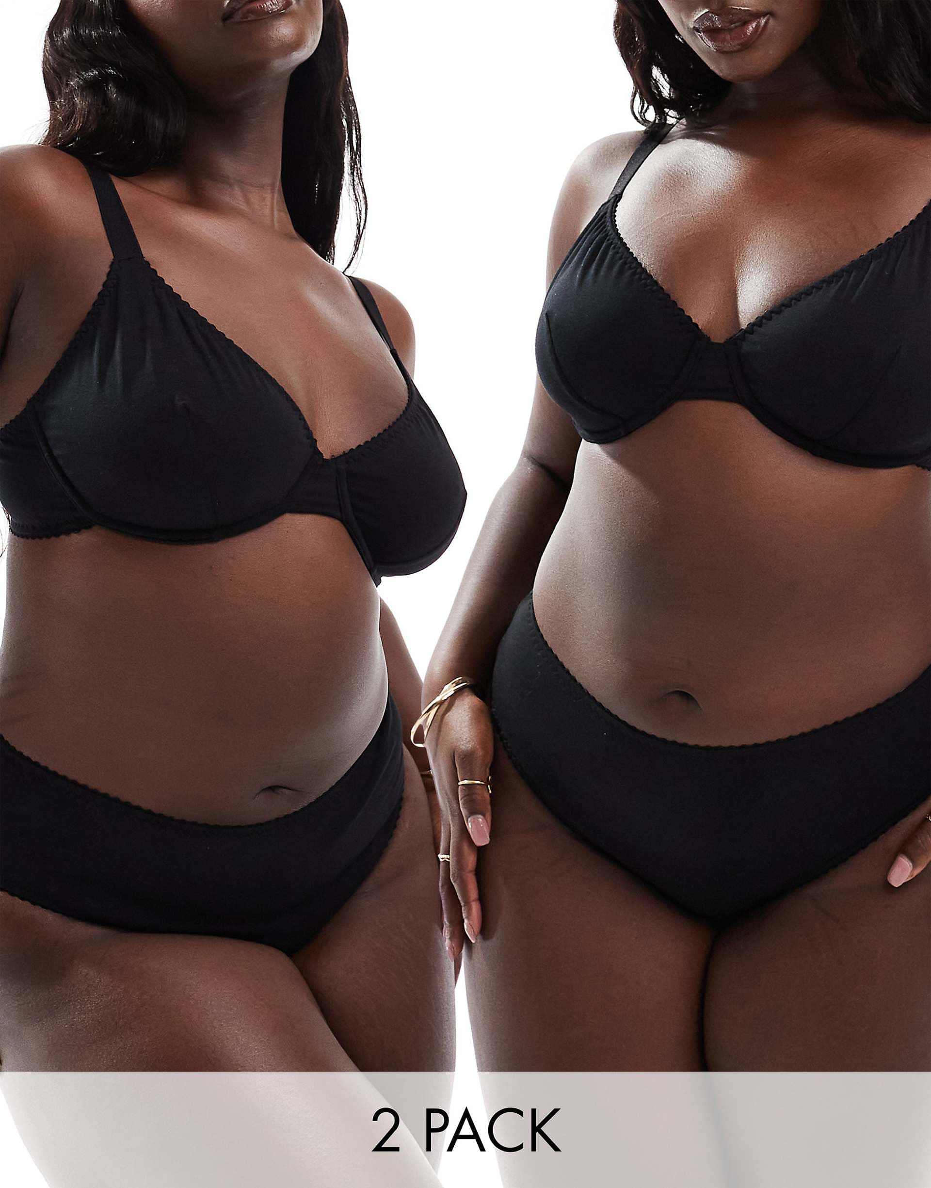 ASOS DESIGN Curve 2 pack Mila cotton brazillian brief in black