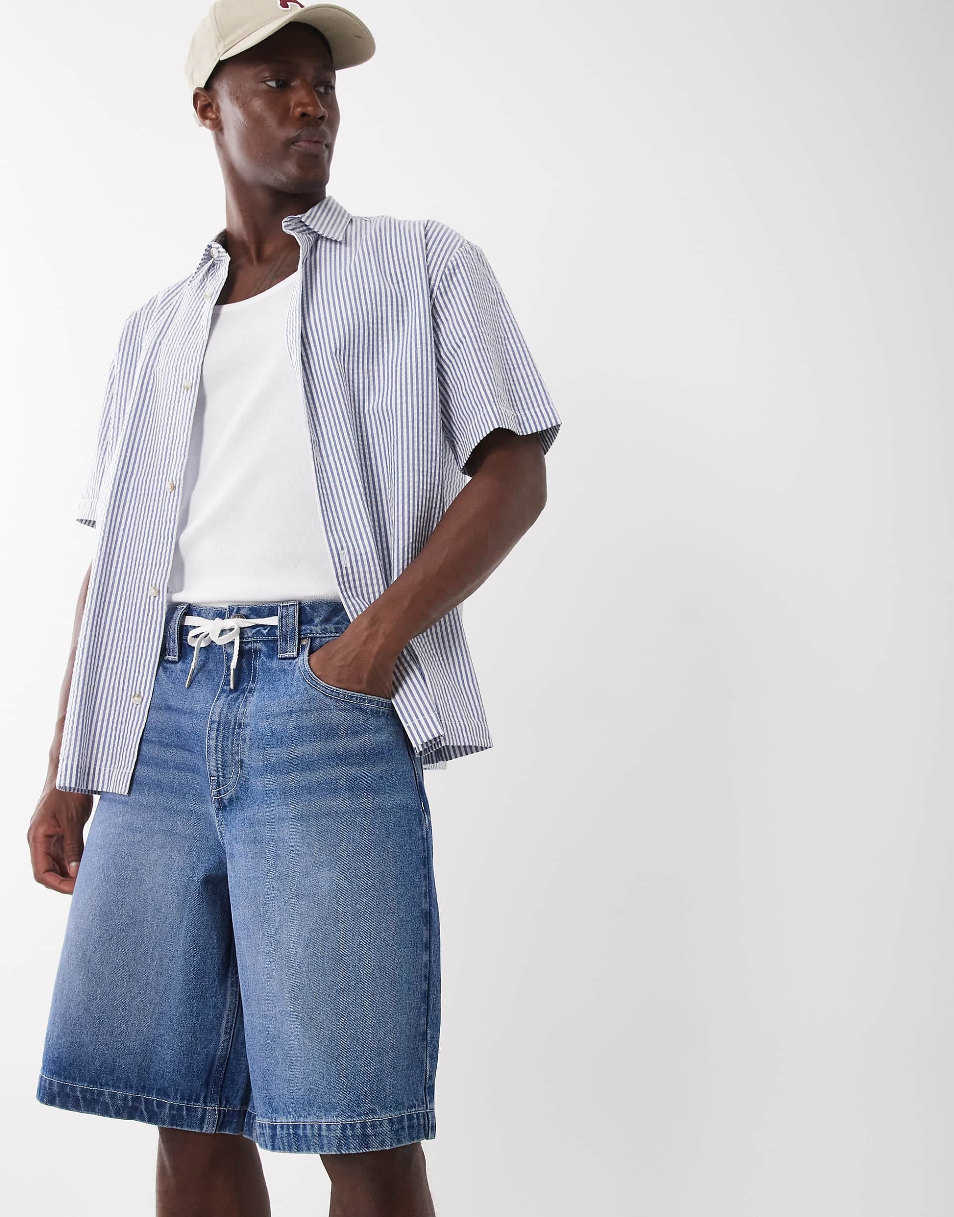 ASOS DESIGN loose denim jorts in light wash blue with self tie