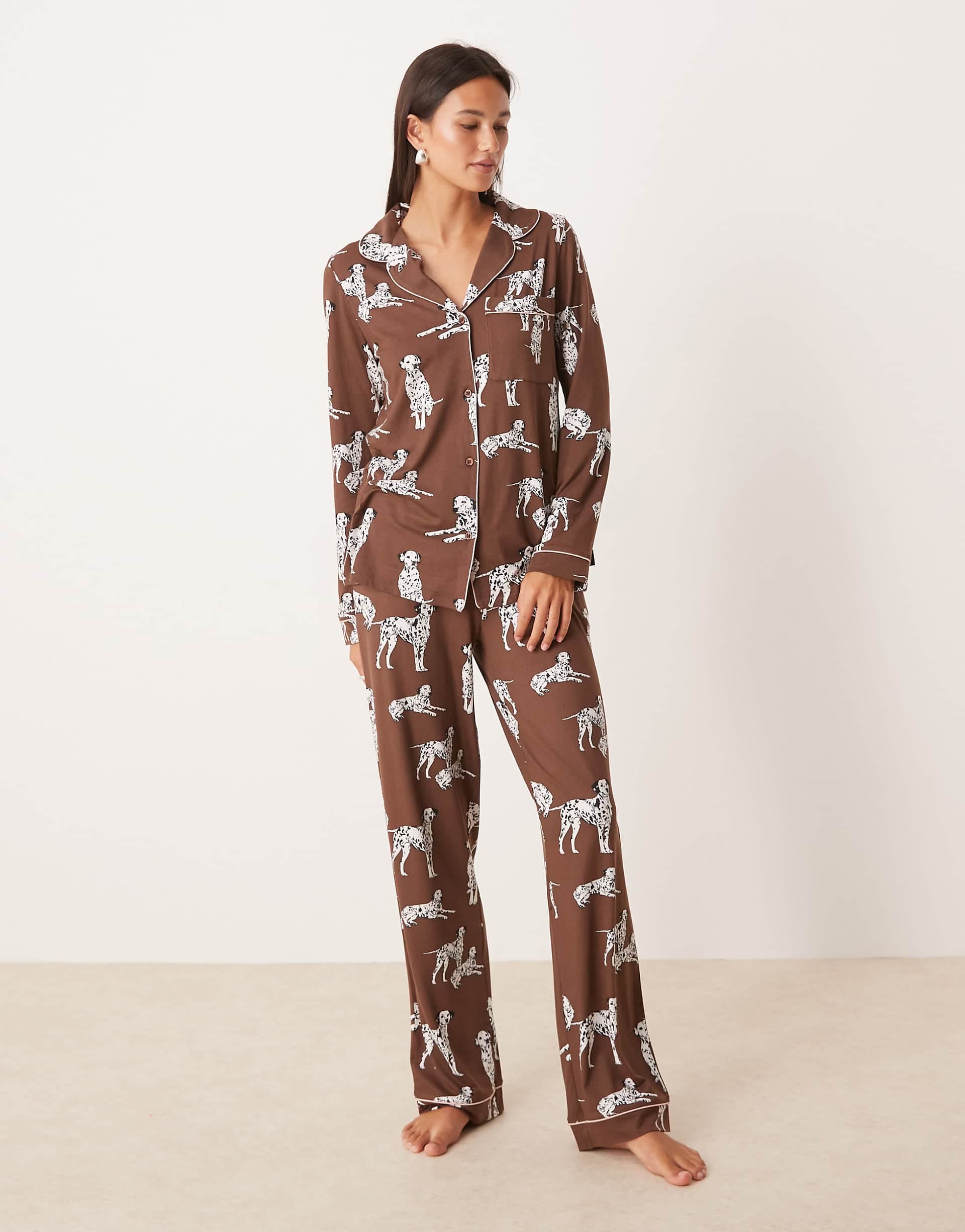 Chelsea Peers Exclusive Dalmation long sleeve revere top & pant pajama set in chocolate browns