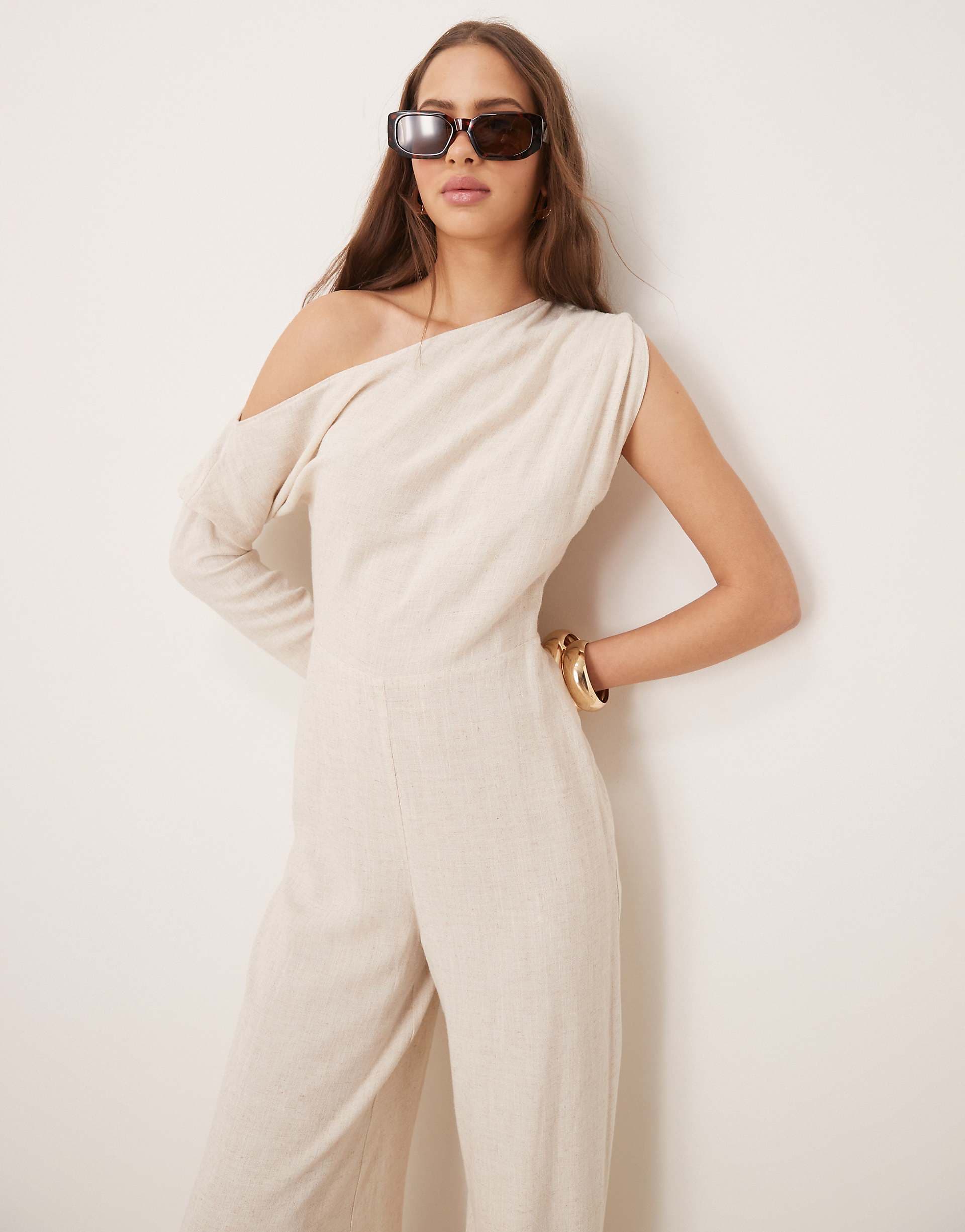 ASOS DESIGN linen mix fallen shoulder jumpsuit in oat