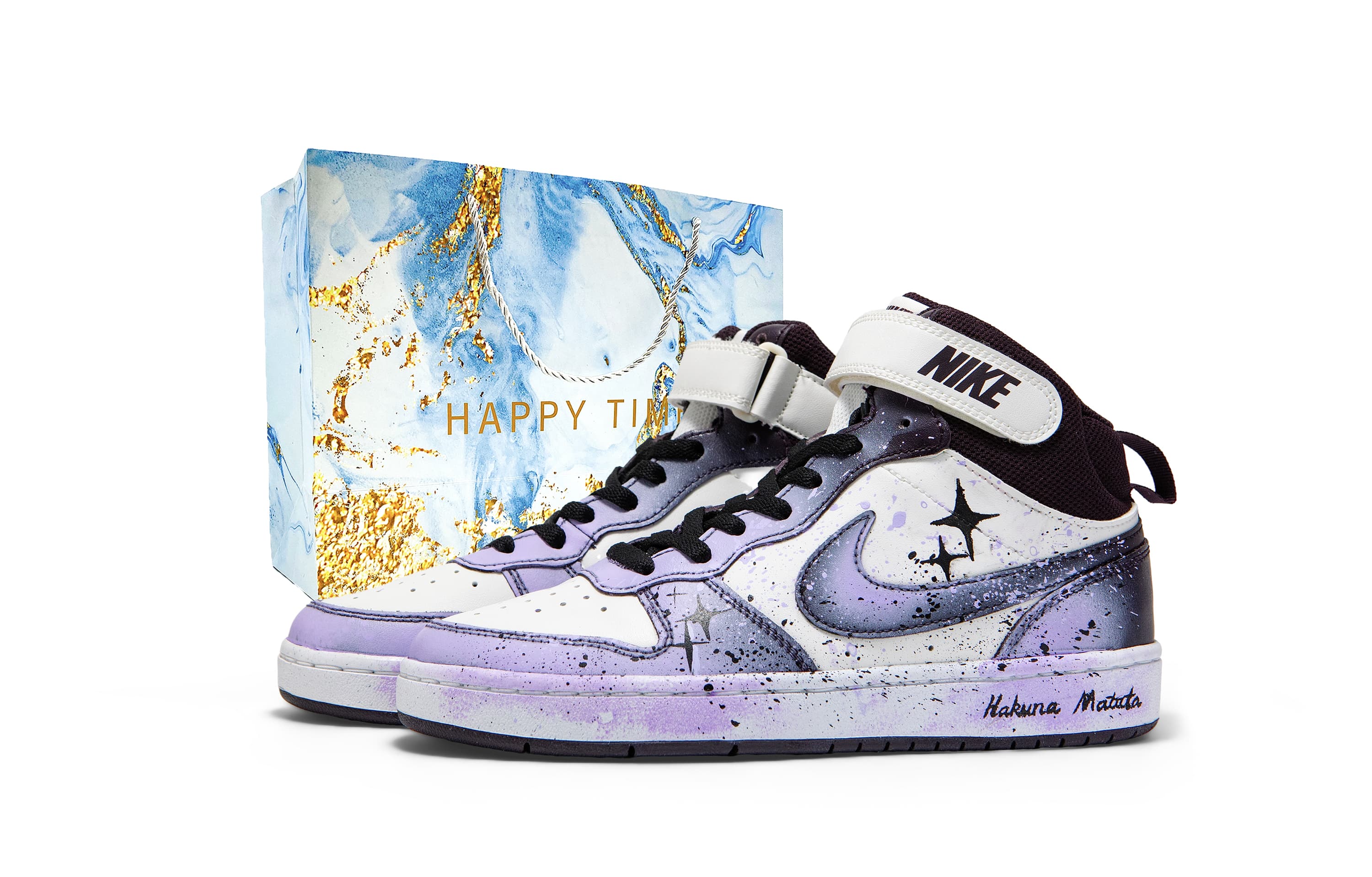 Custom Sneakers Nike Court Borough 2 Leather Gift Bag Edition 'Purple Star Radiance' Couple Year of the Horse CNY All-Season Commute Trendy Fashion Sweet Cool Aesthetic GS Wear-Resistant Slip-Resistant Mid-Top Skate Shoes Women's Purple