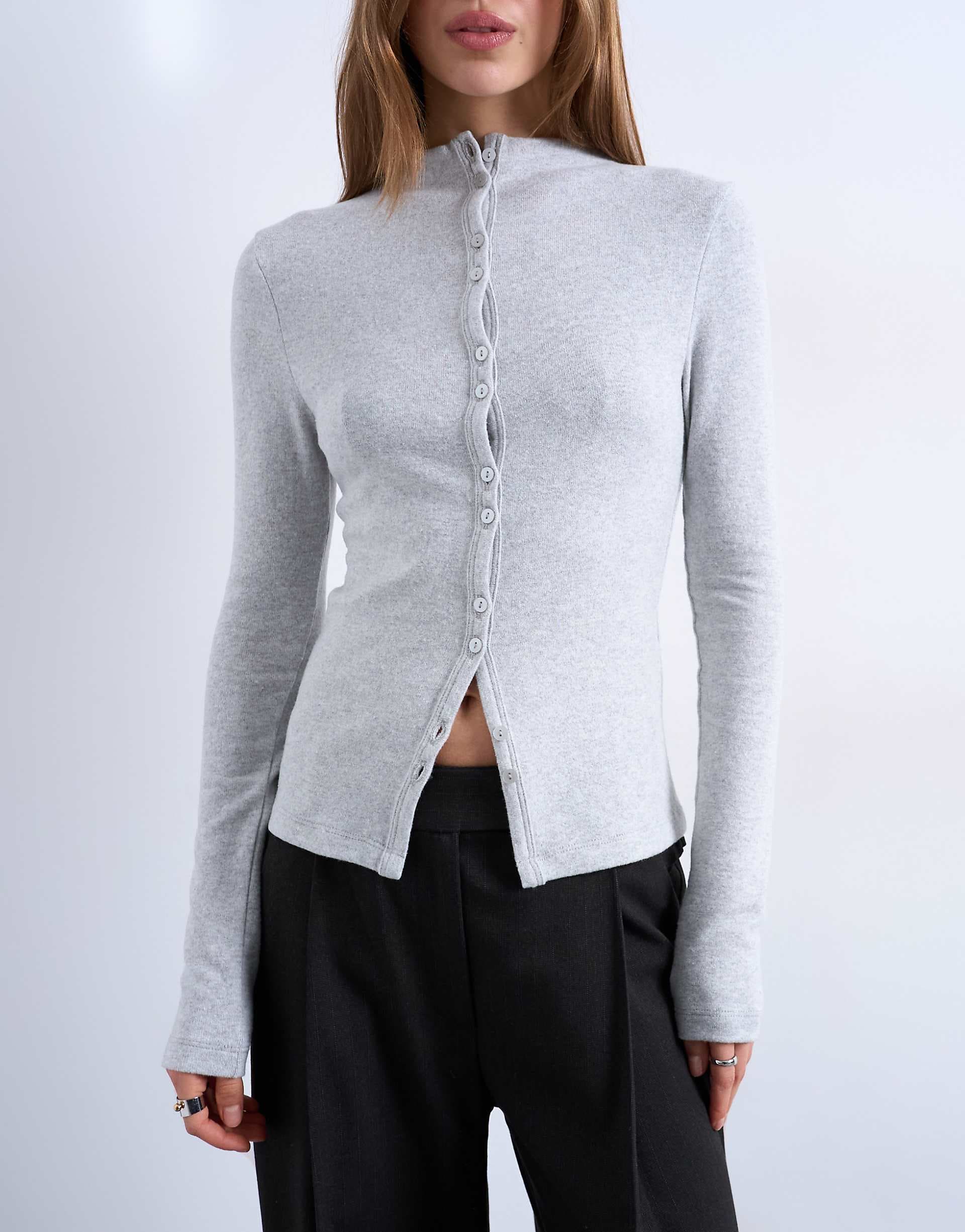 Topshop button down long sleeve cardigan top in gray