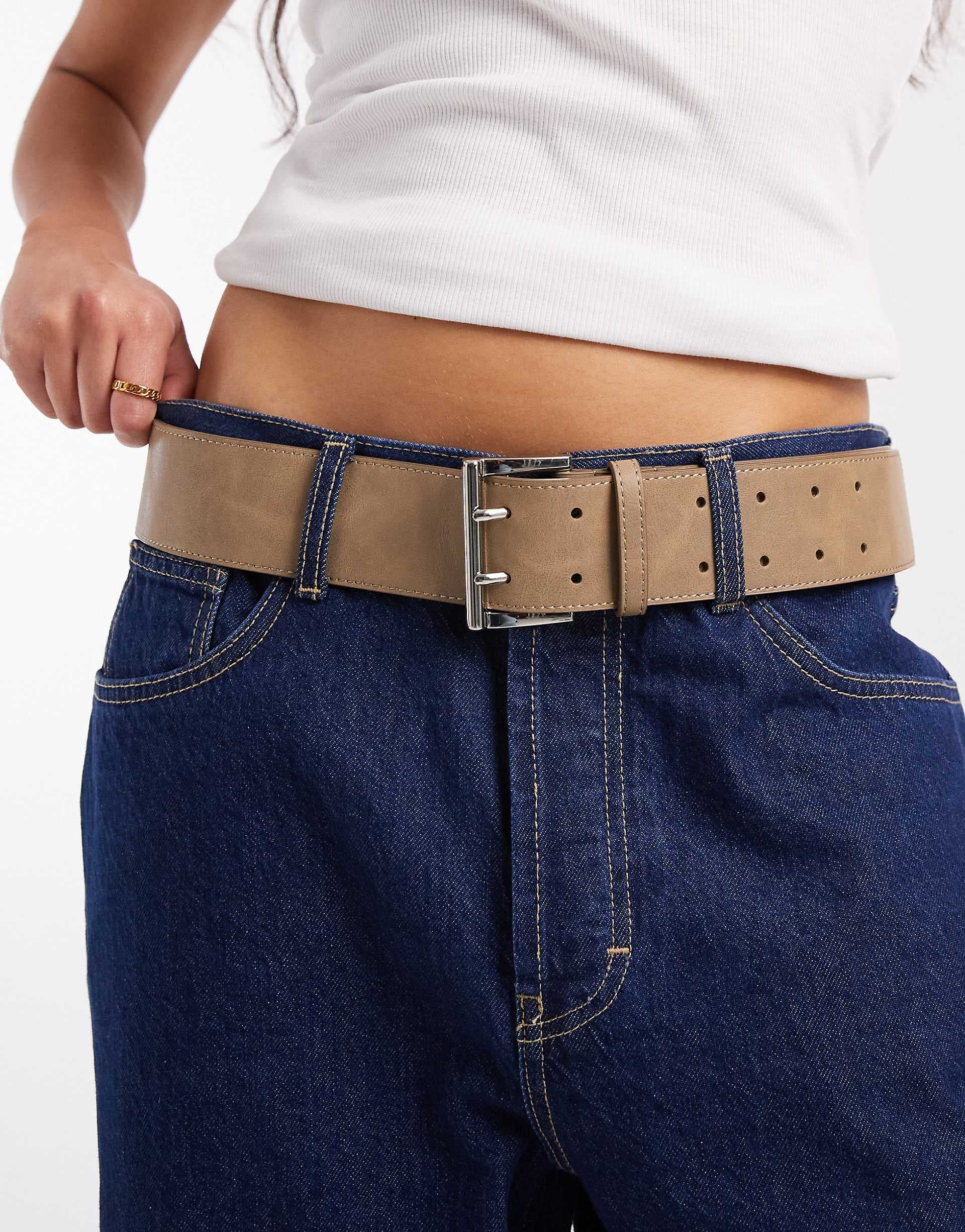 ASOS DESIGN low waist belt with double square prong in mushroom