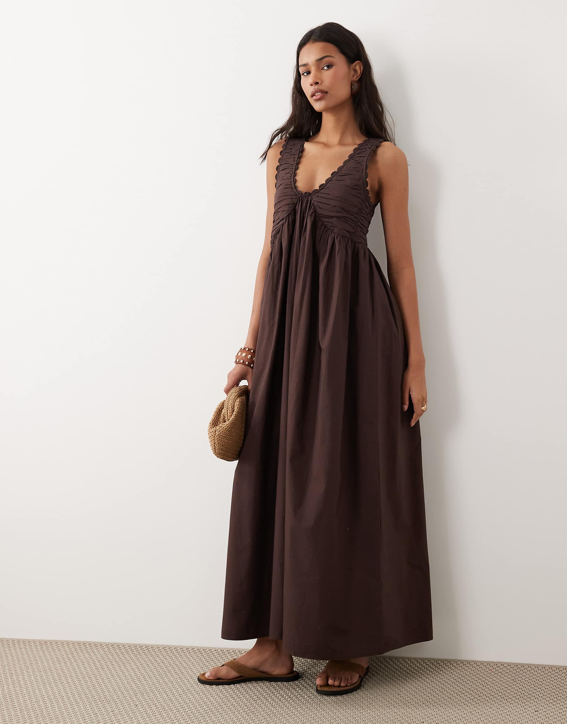 ASOS DESIGN v neck scalloped maxi dress with back tie in chocolate