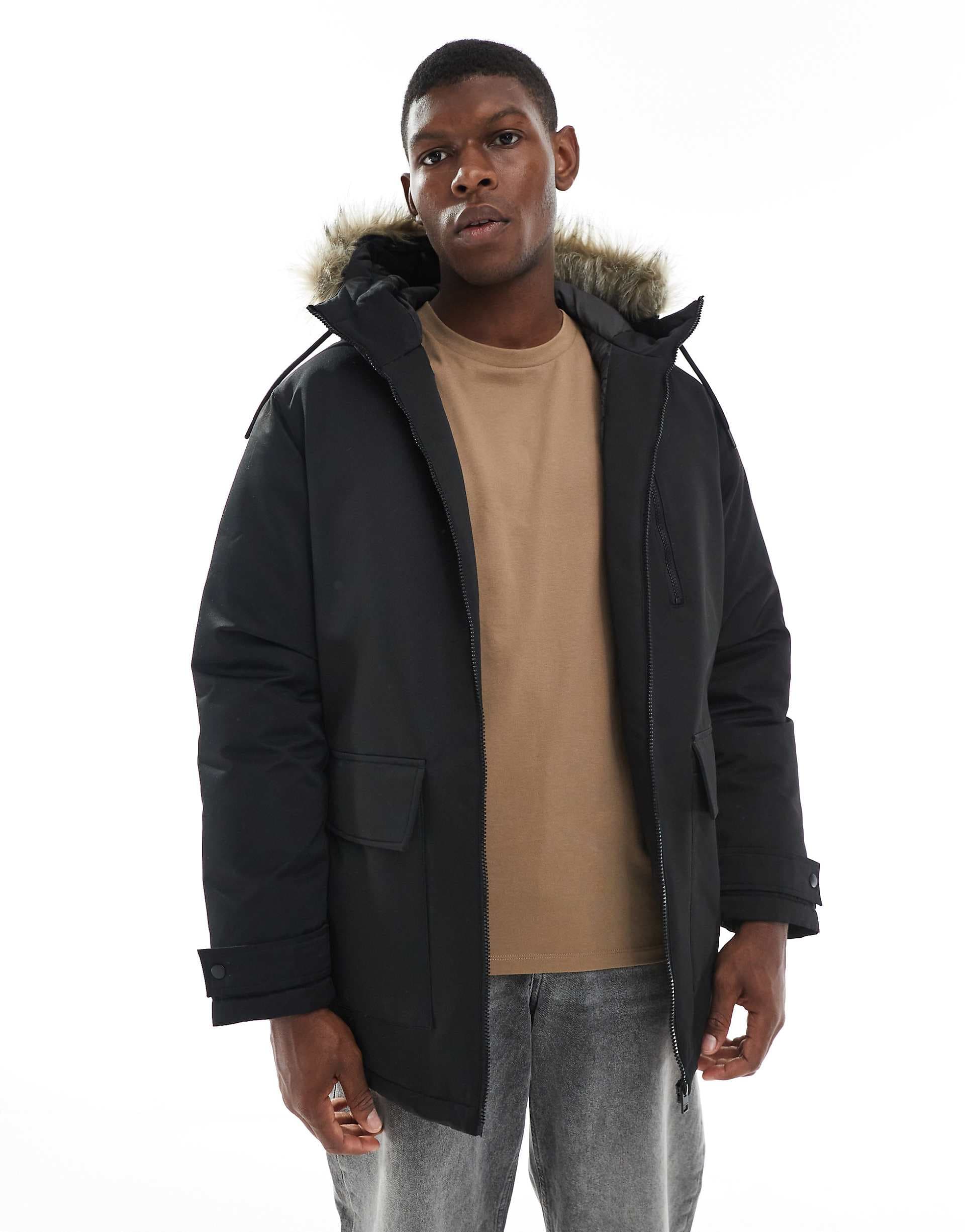 Jack & Jones parka with faux fur hood in black