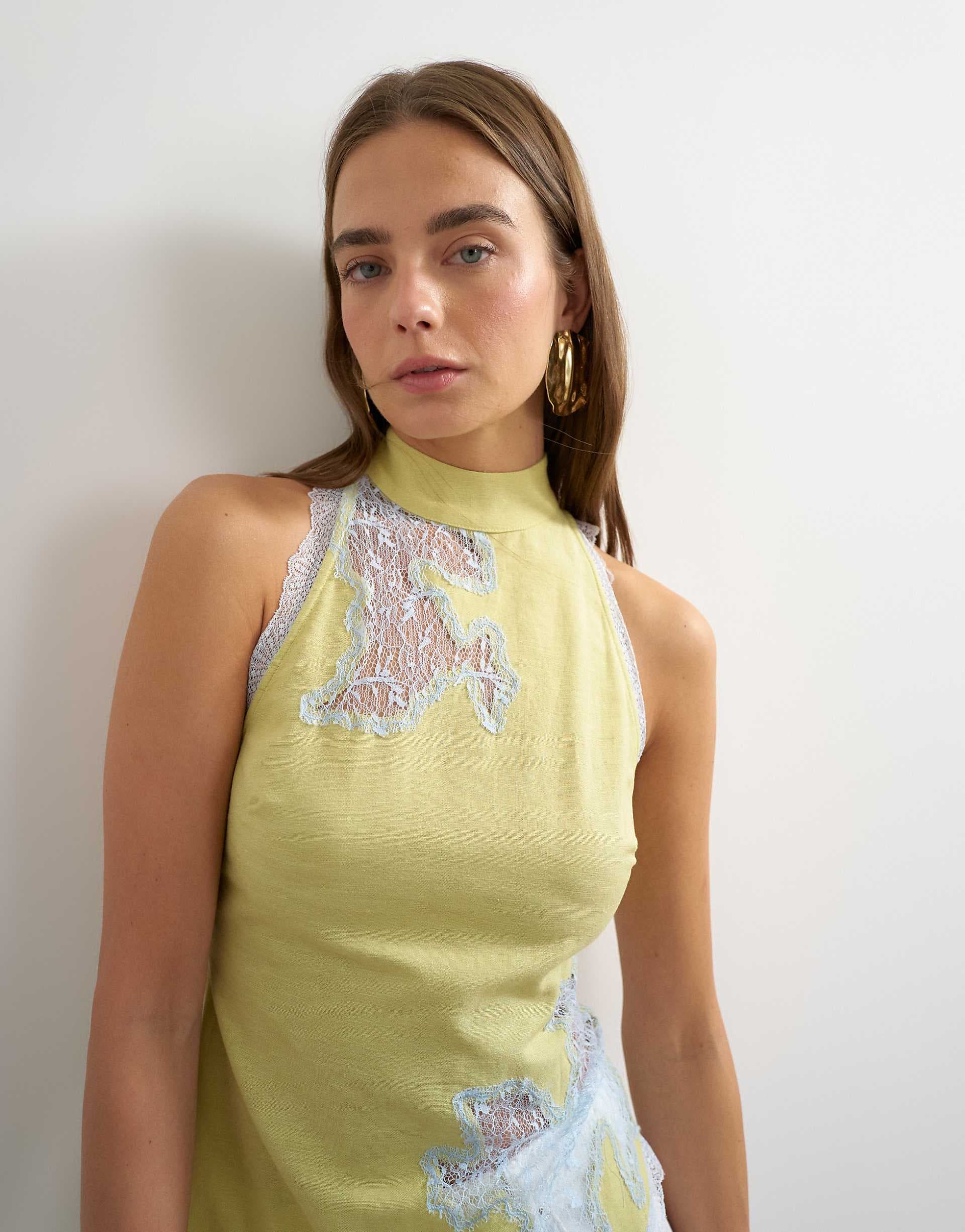 Topshop premium halter neck top with contrast lace detailing in green