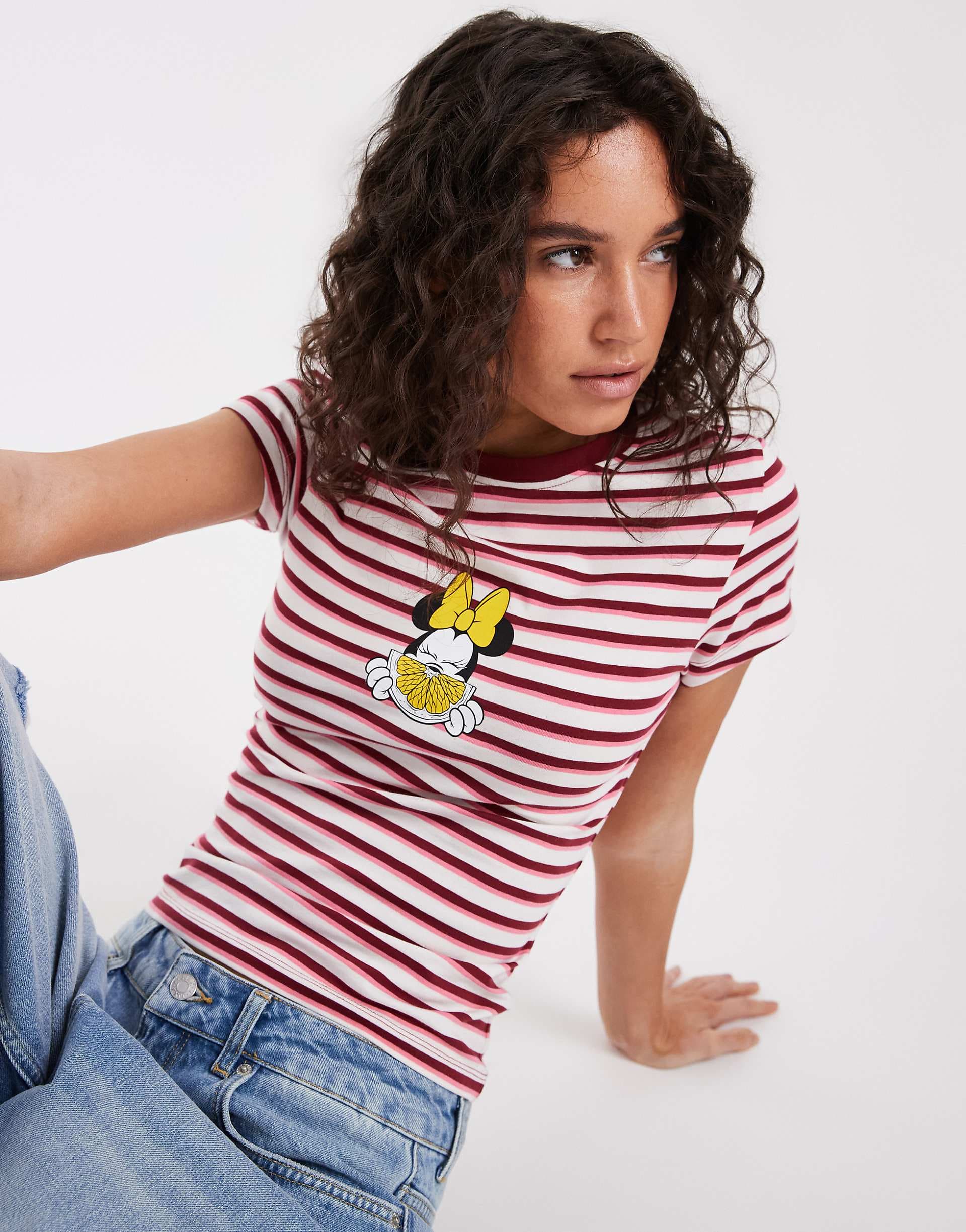 ASOS DESIGN Disney baby tee with Minnie lemon print in pink stripes
