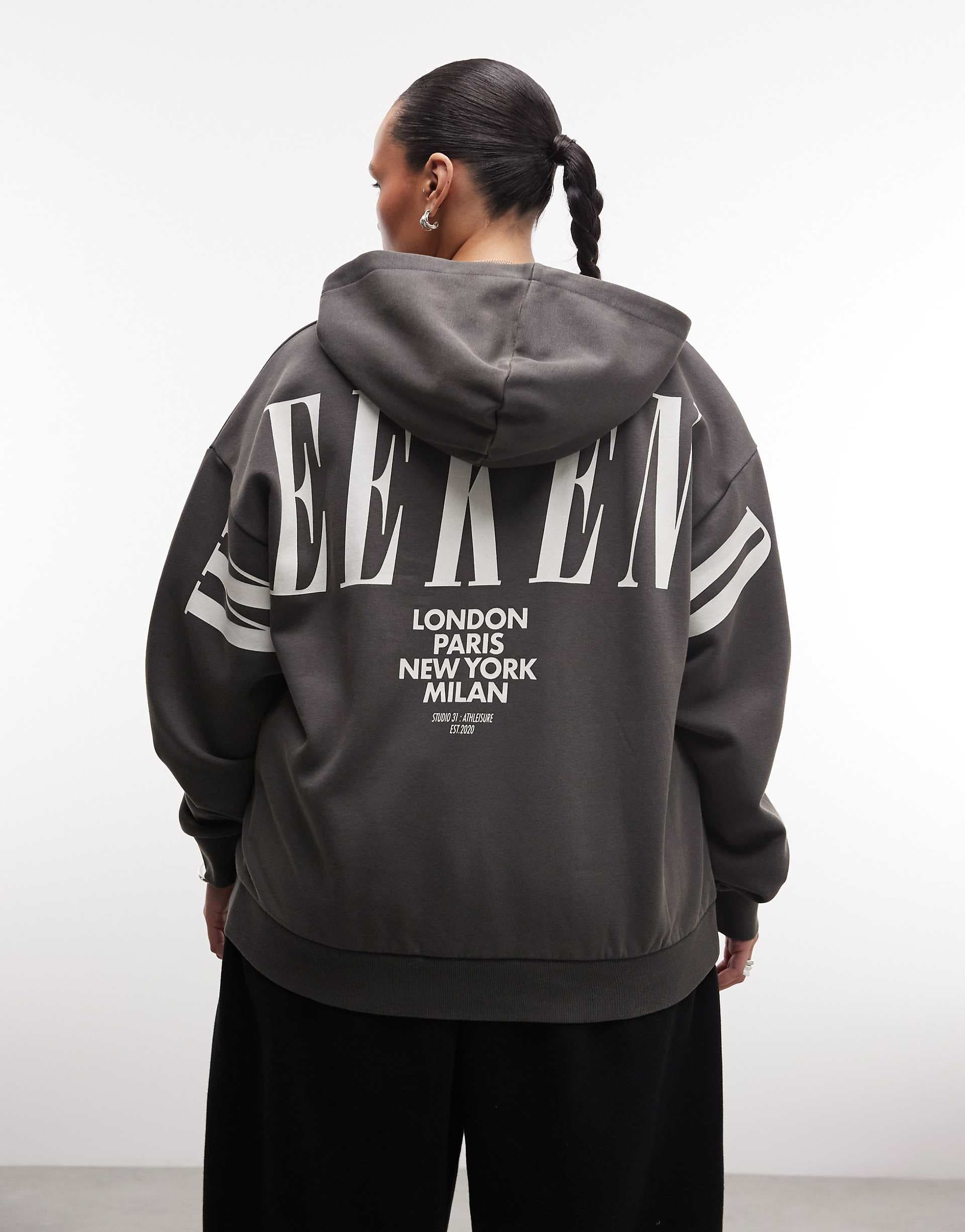 Weekend Collective Curve Icon stacked back hoodie in washed charcoal