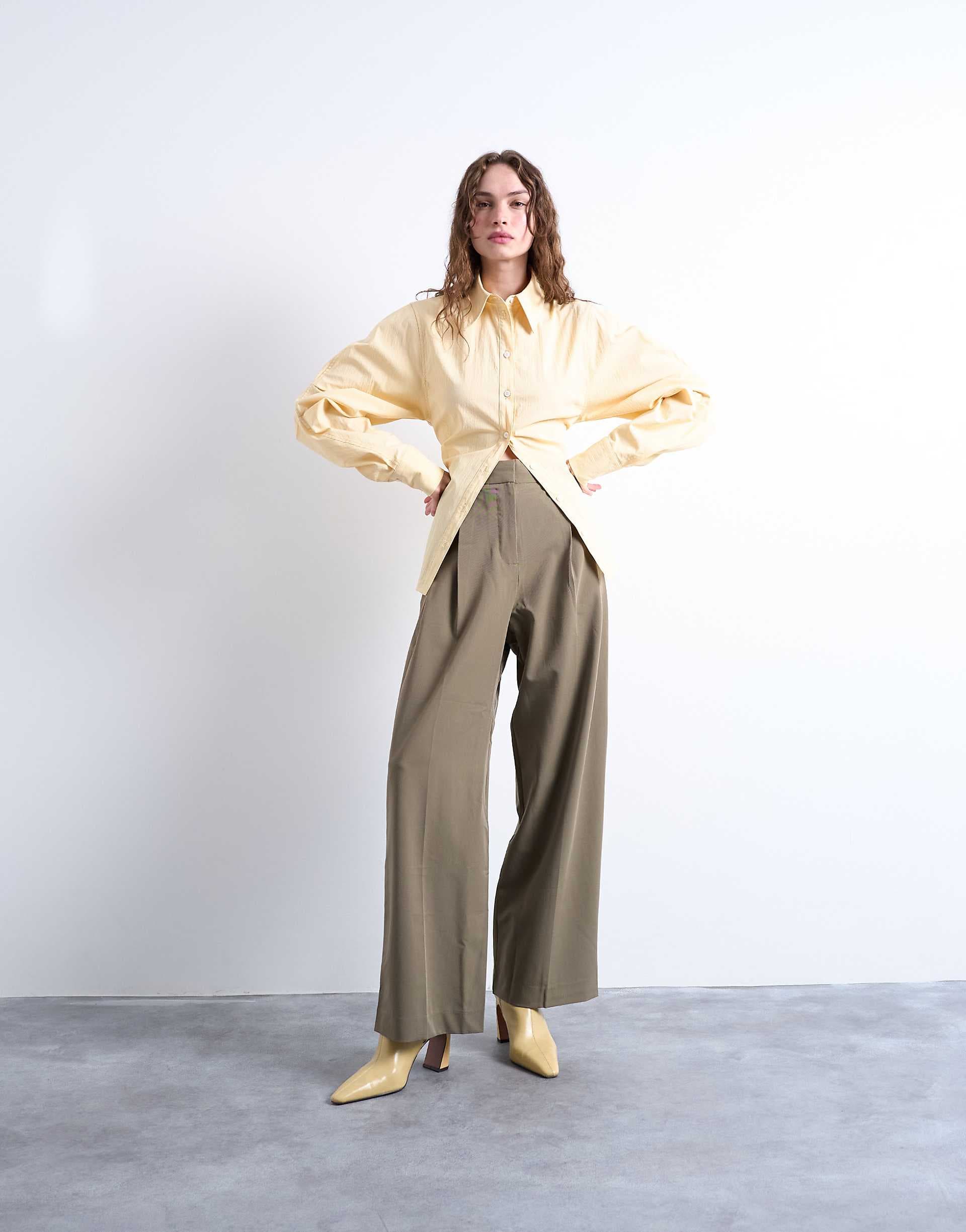 Topshop premium double pleat straight leg tailored pants in khaki