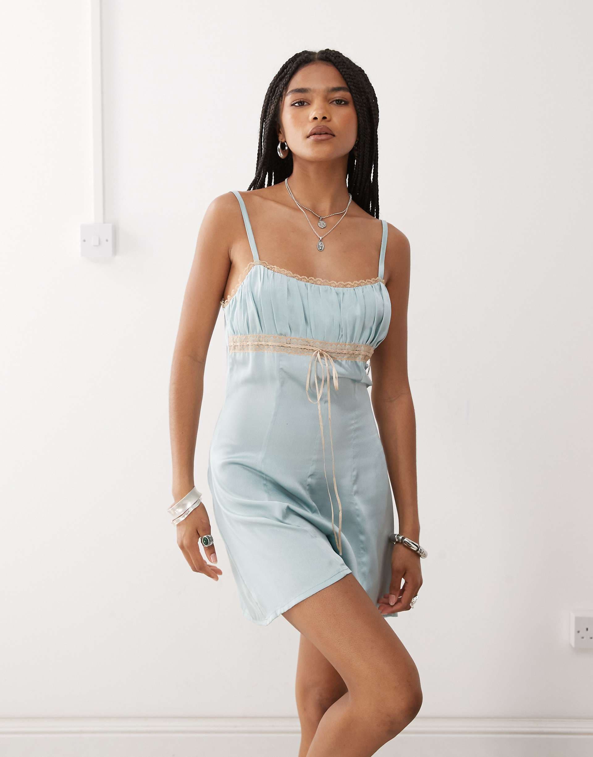 Reclaimed Vintage festival satin romper in mint green with lace trims