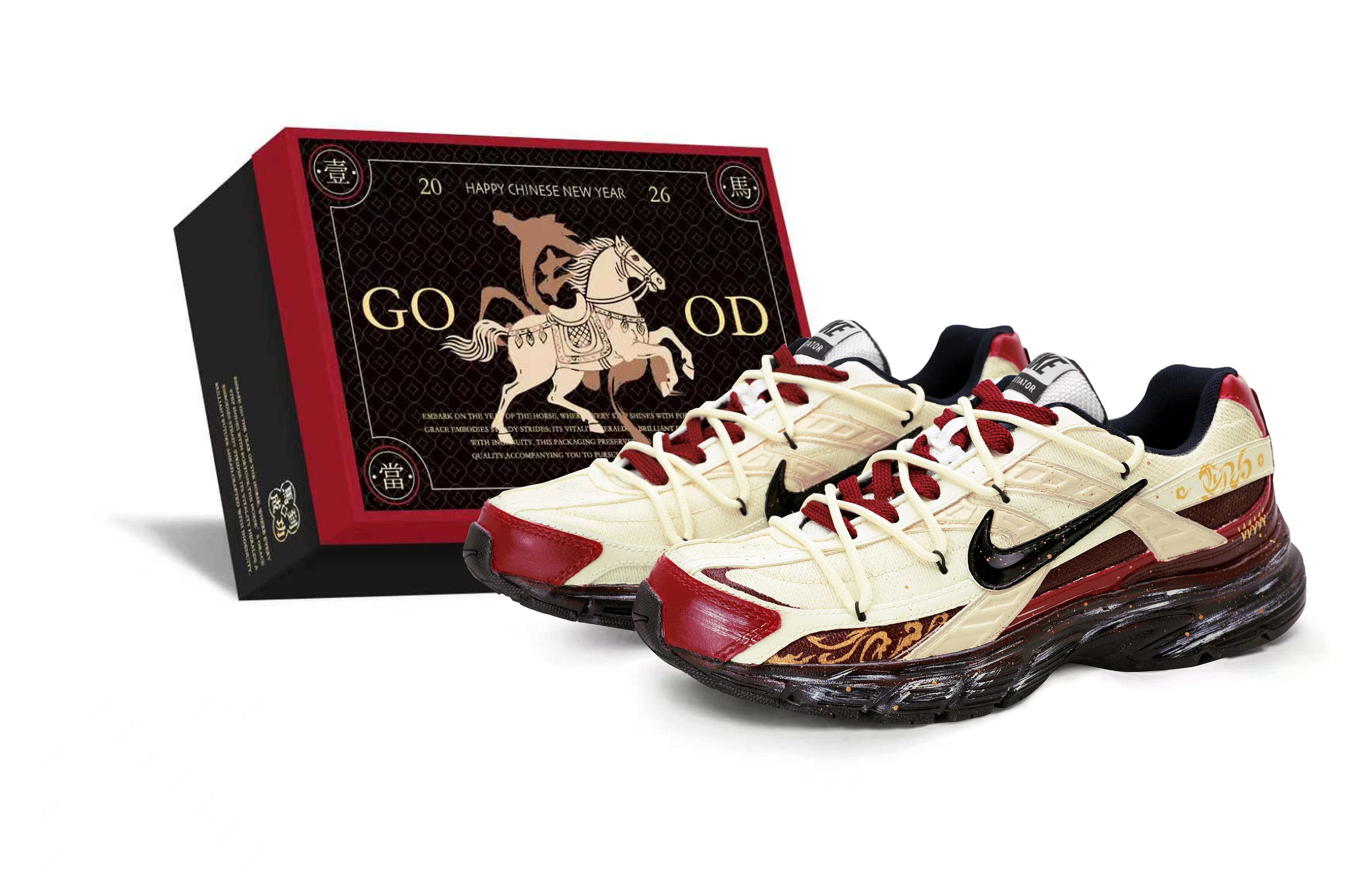 Custom SneakersNike Initiator 'Fu Ma New Year Greetings' Year of the Horse Gift Box CNY New Year Edition Spring Festival Retro Distressed Outdoor Trendy High Street Wear-Resistant Anti-Slip Low-Top Casual Running Shoes Women's Beige Red