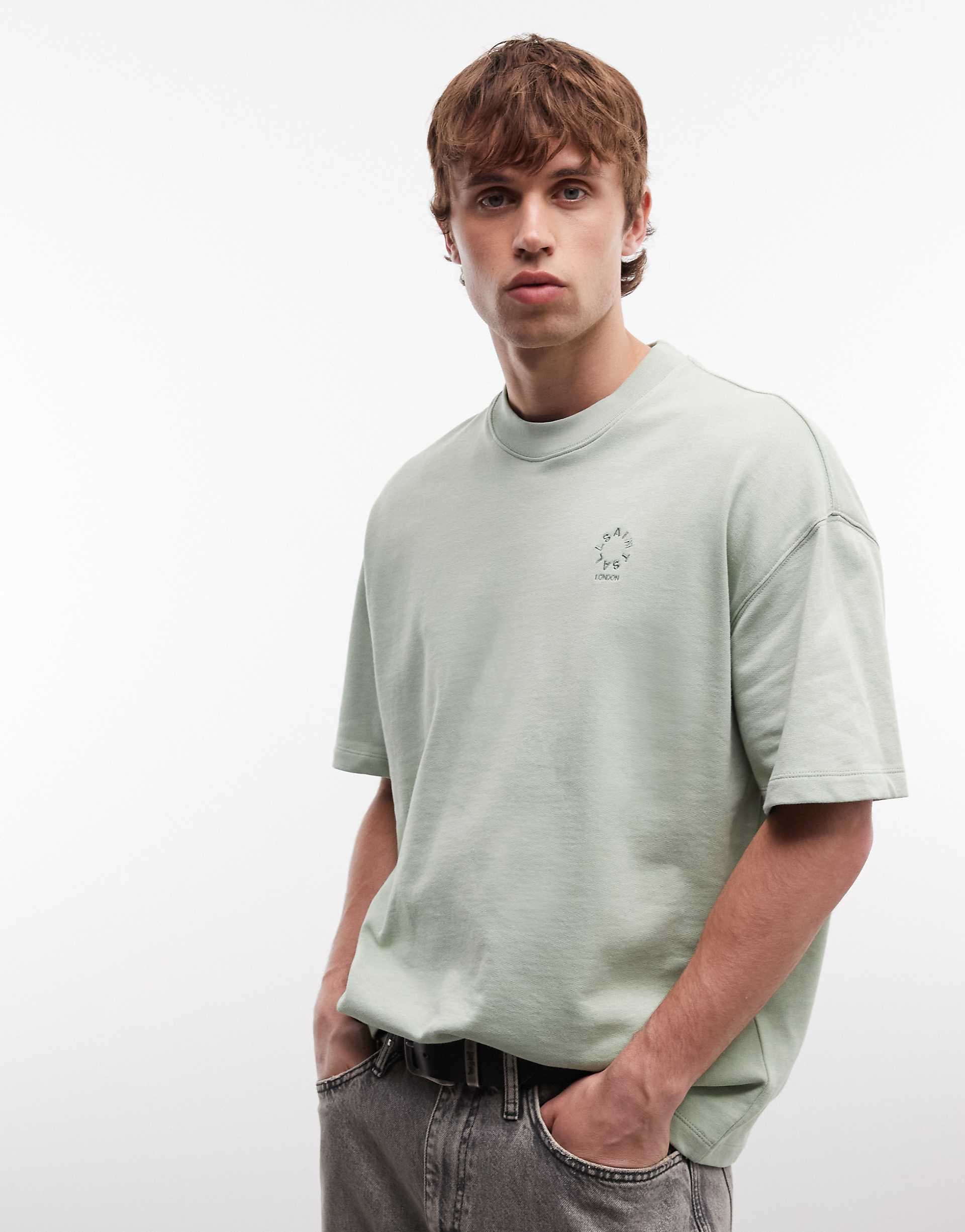 AllSaints Haven small embroidered chest logo T-shirt in light green