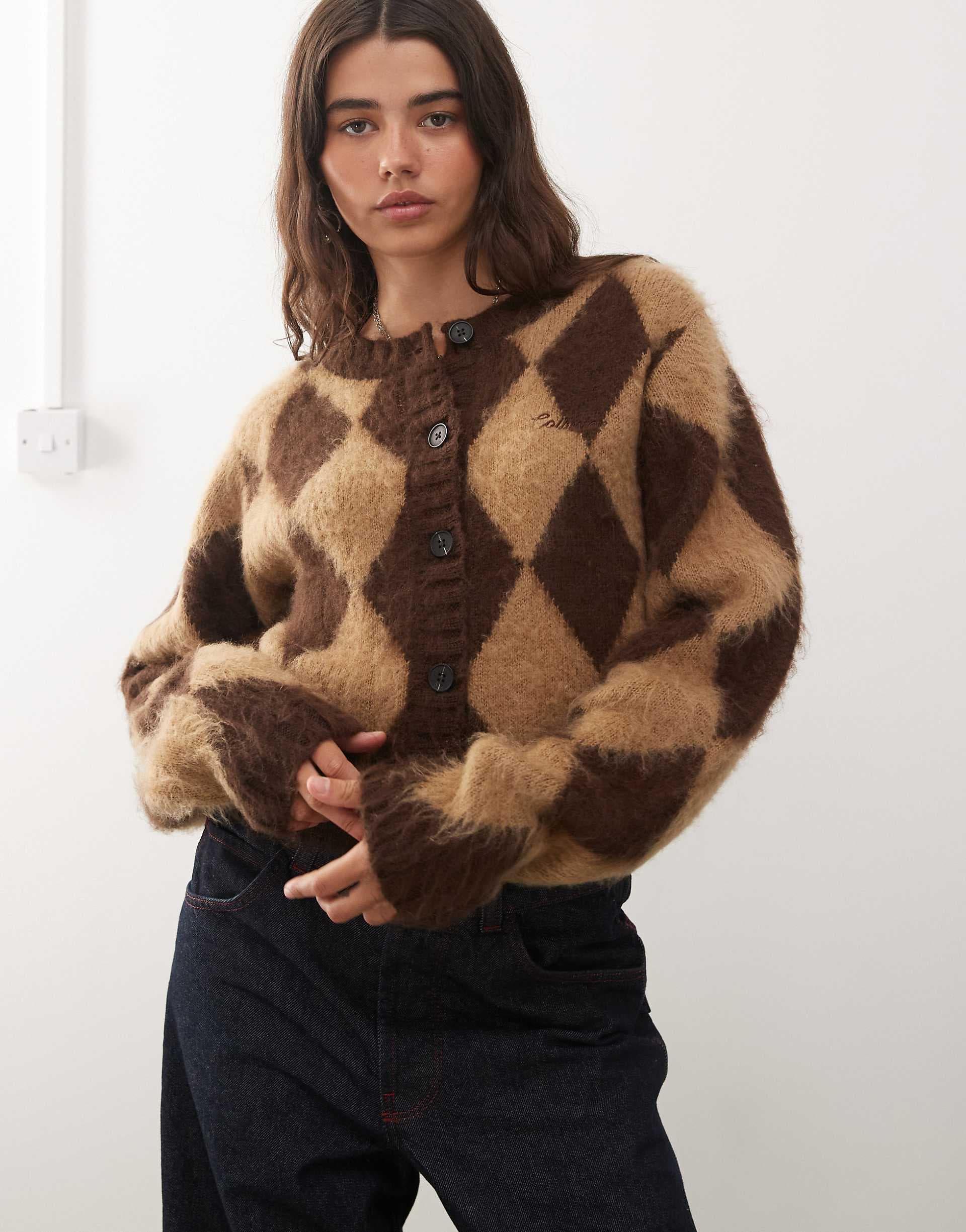 COLLUSION argyle knit fluffy cardi in chocolate brown