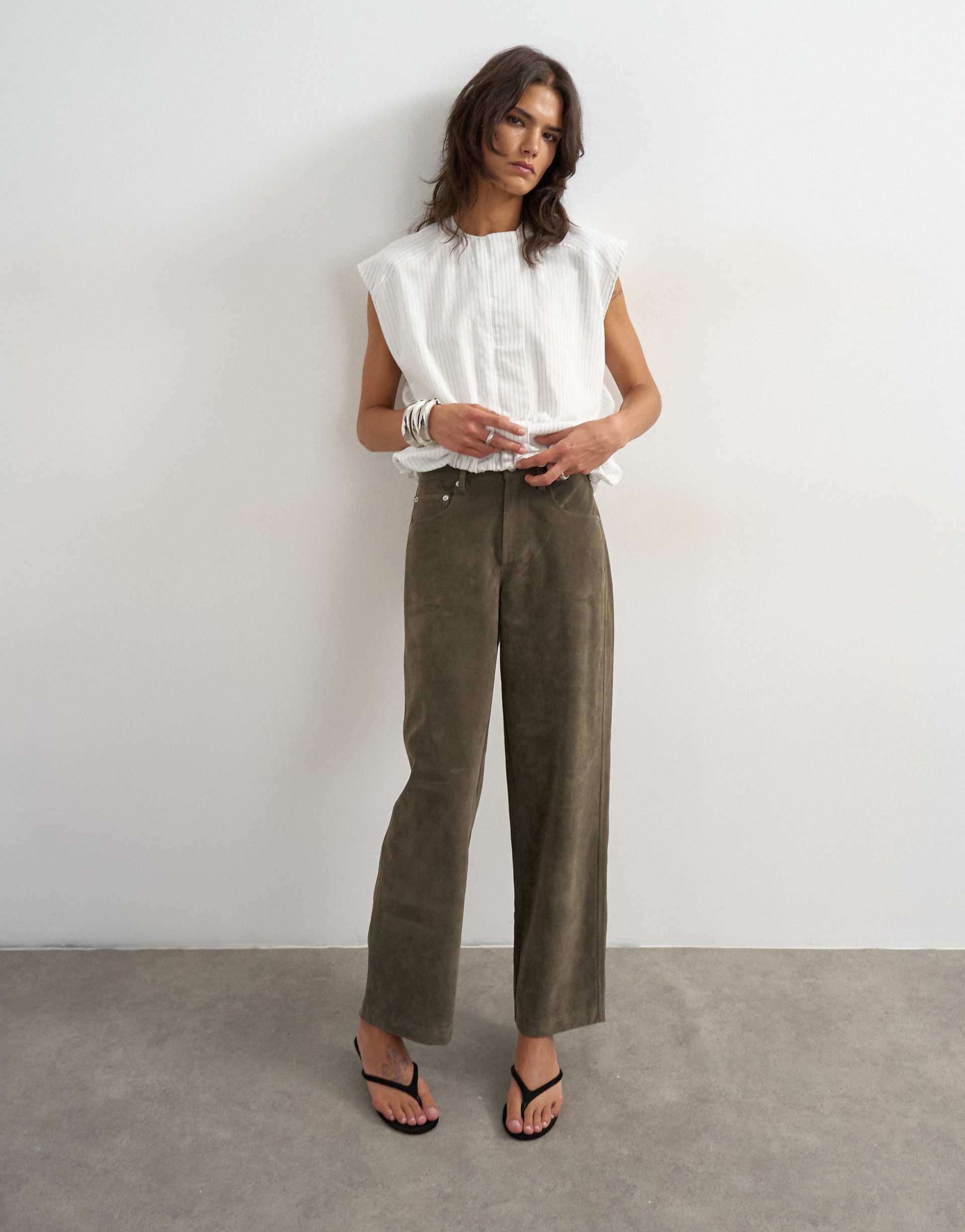 Topshop faux suede cinch pants in khaki