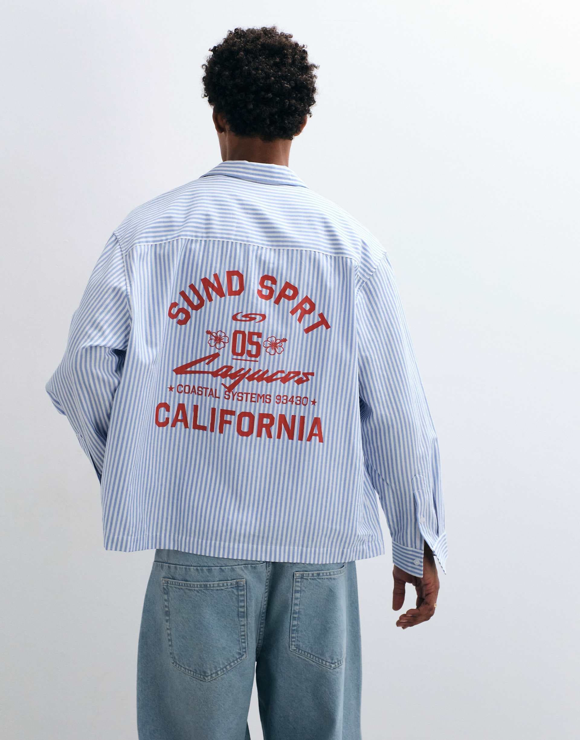 ASOS DESIGN oversized oxford shirt with back and chest print in blue stripes