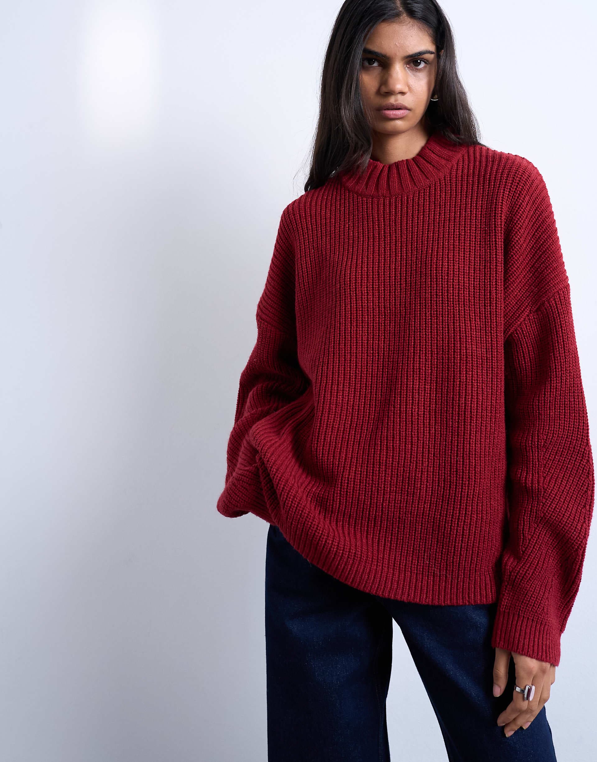Topshop oversized clean wide neck rib knit sweater in rust