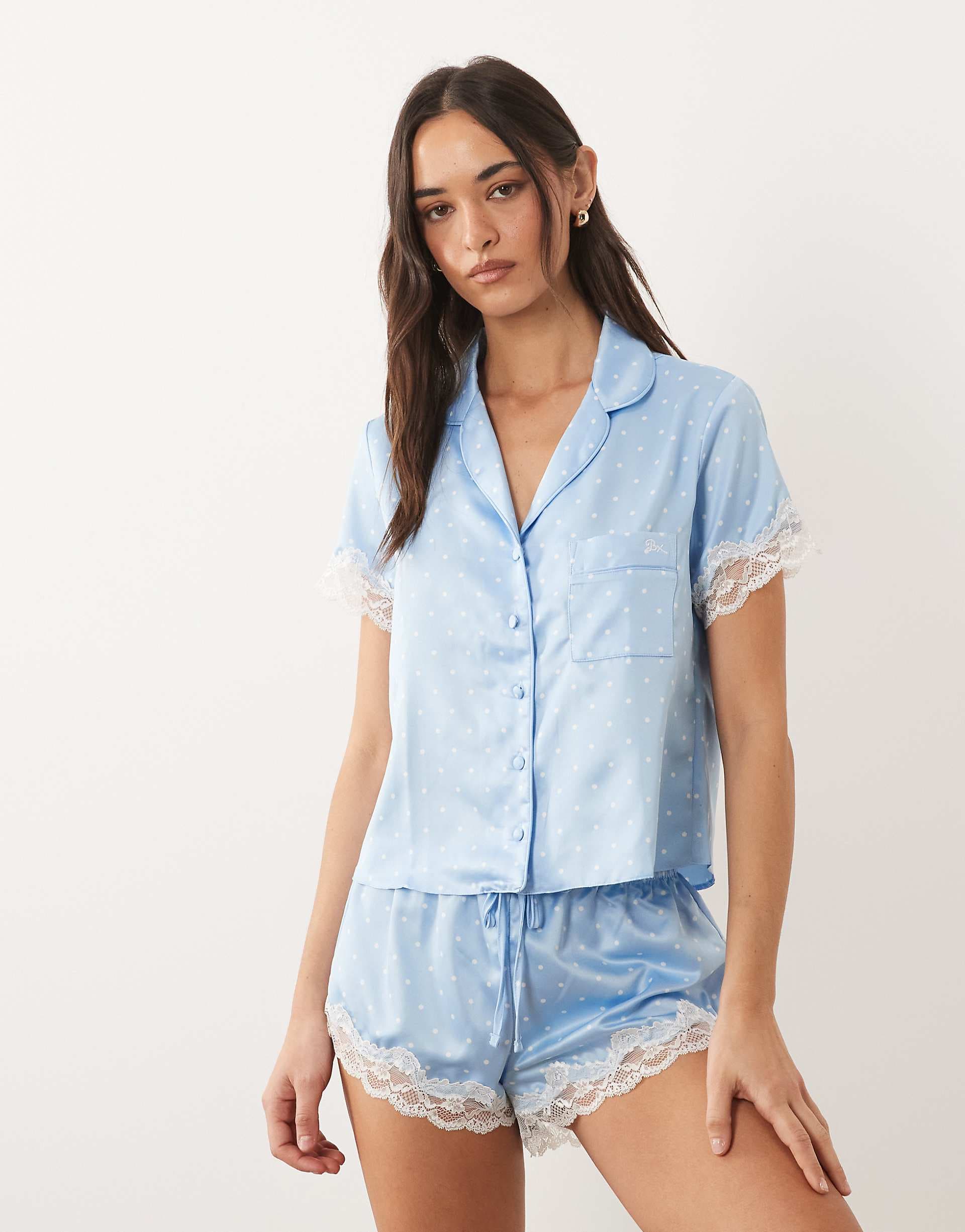 Boux Avenue Amelia short sleeve camp collar shirt and shorts set in blue polka dot