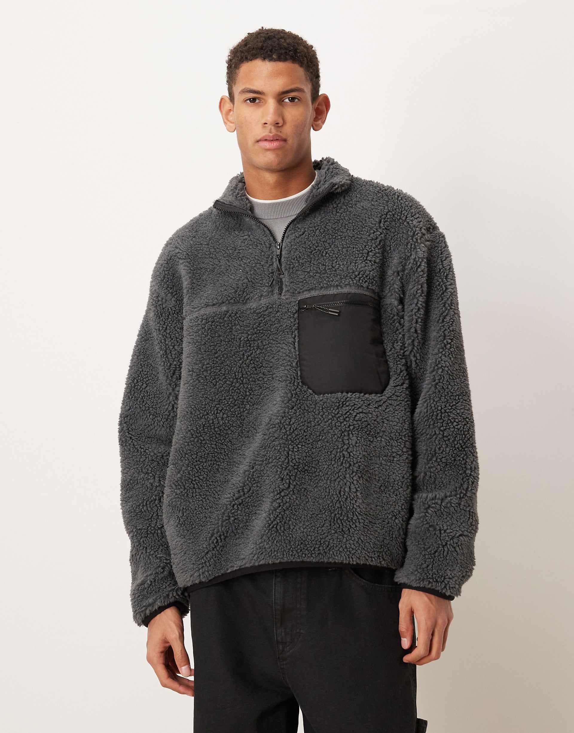 ASOS DESIGN relaxed quarter zip fleece with pocket in gray