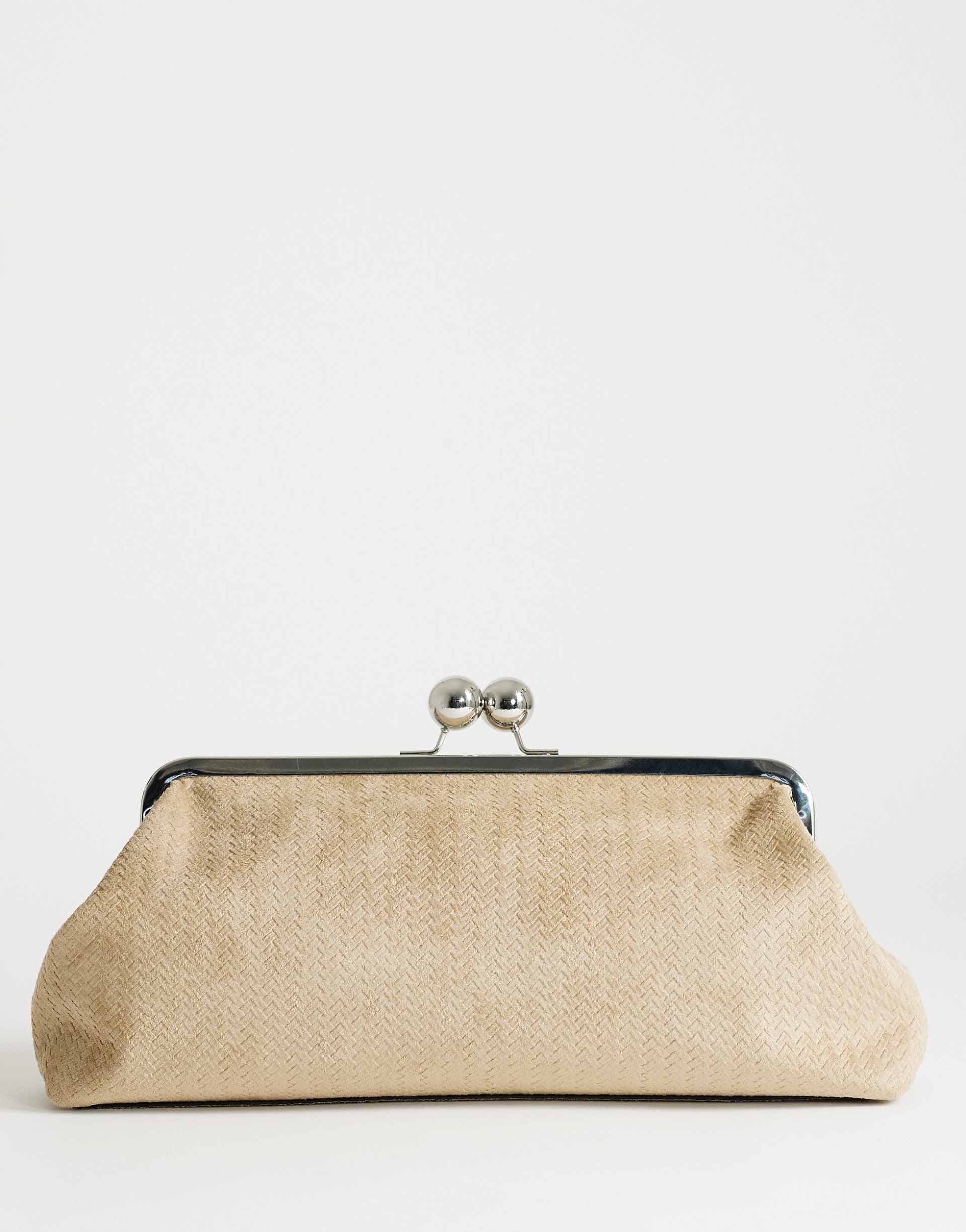 Topshop Annie medium suedette woven clutch in taupe