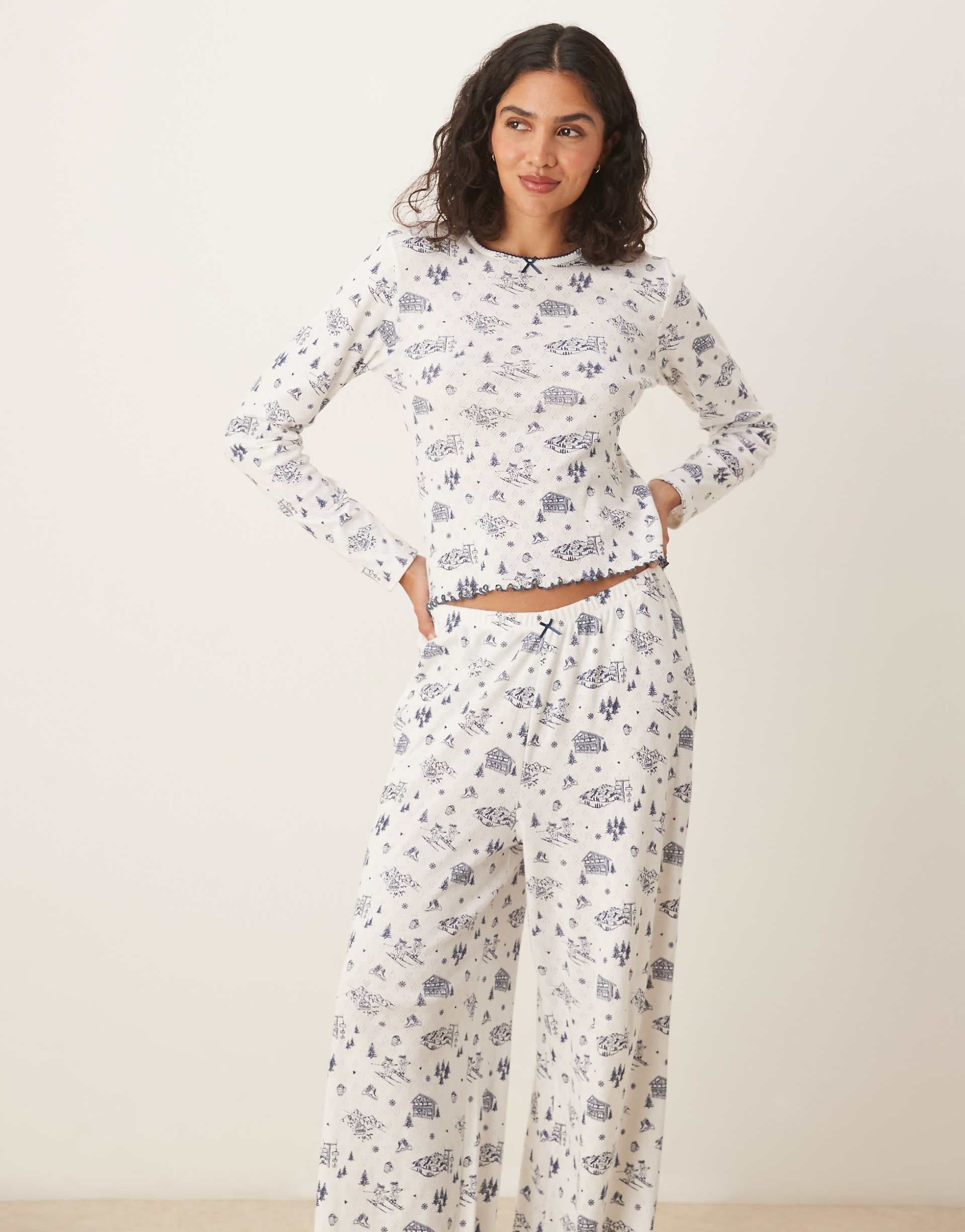ASOS DESIGN pointelle pajama pants and long sleeve tee set in blue scenic print