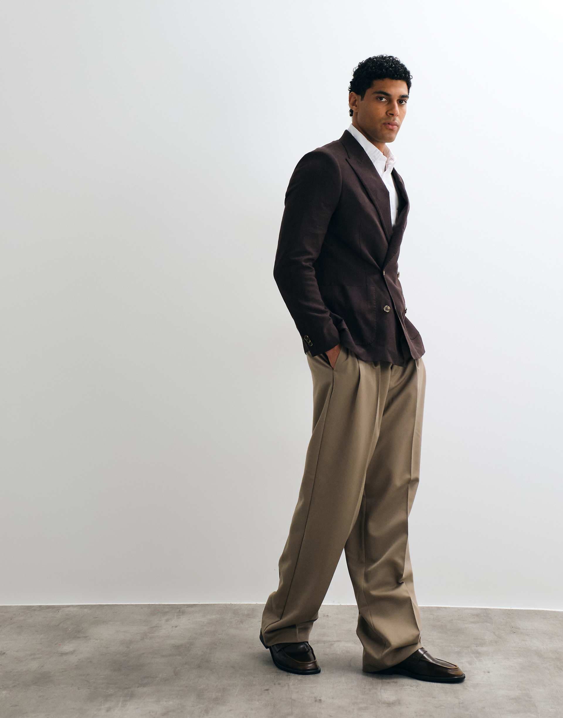 River Island double breasted linen blend suit jacket in brown