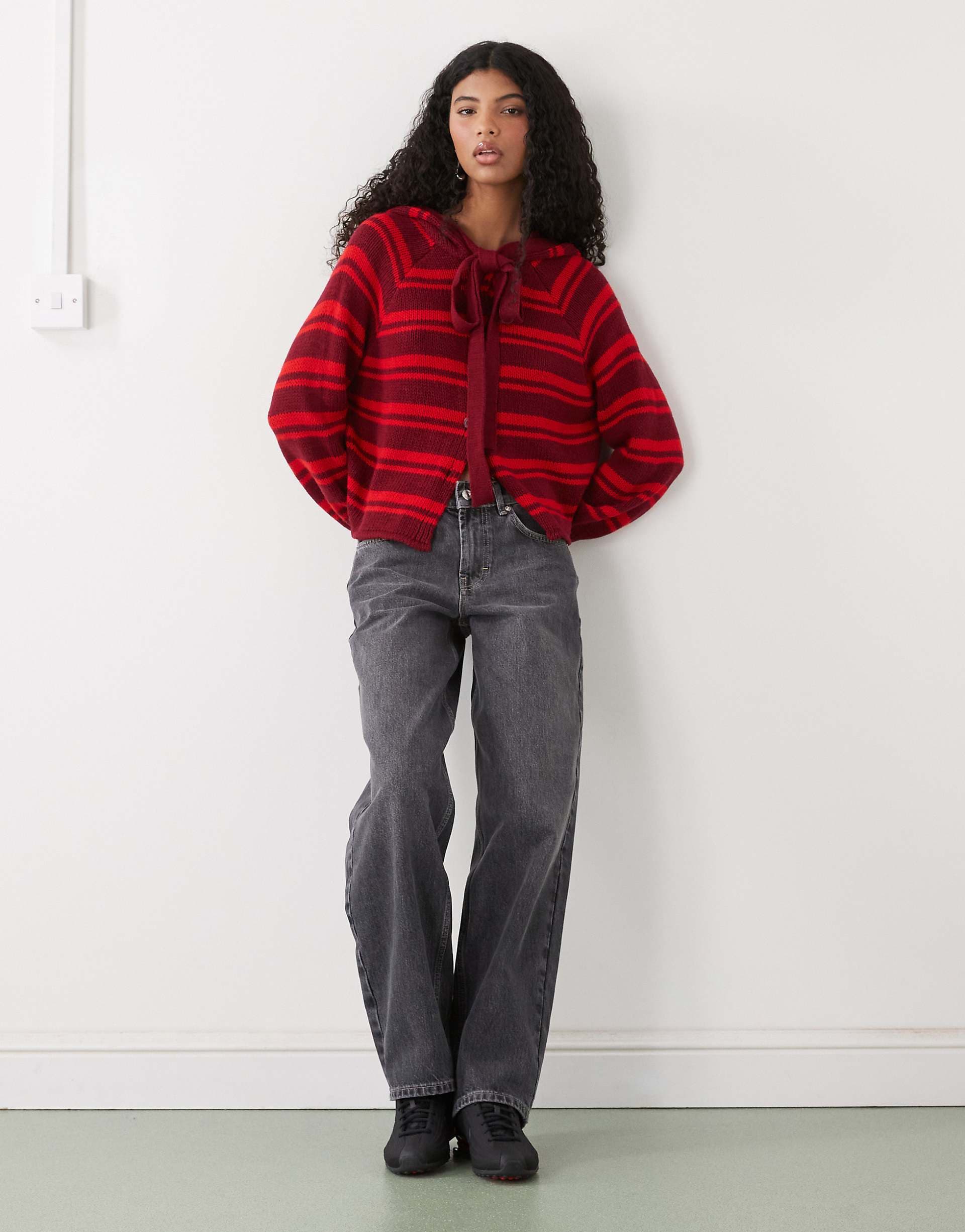 COLLUSION cardigan with hood scarf detailing in red stripes