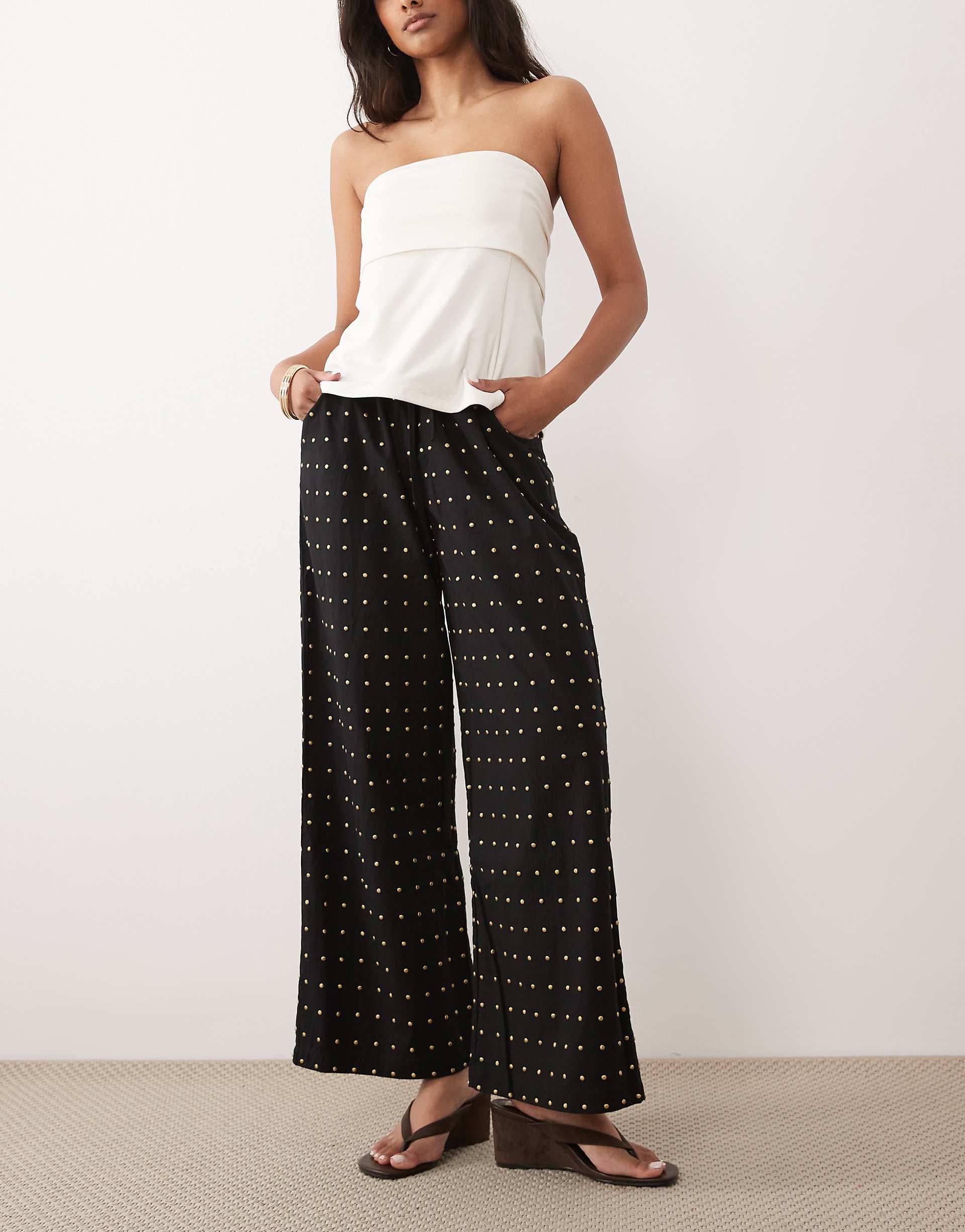 Never Fully Dressed cotton hotfix wide leg pants in black