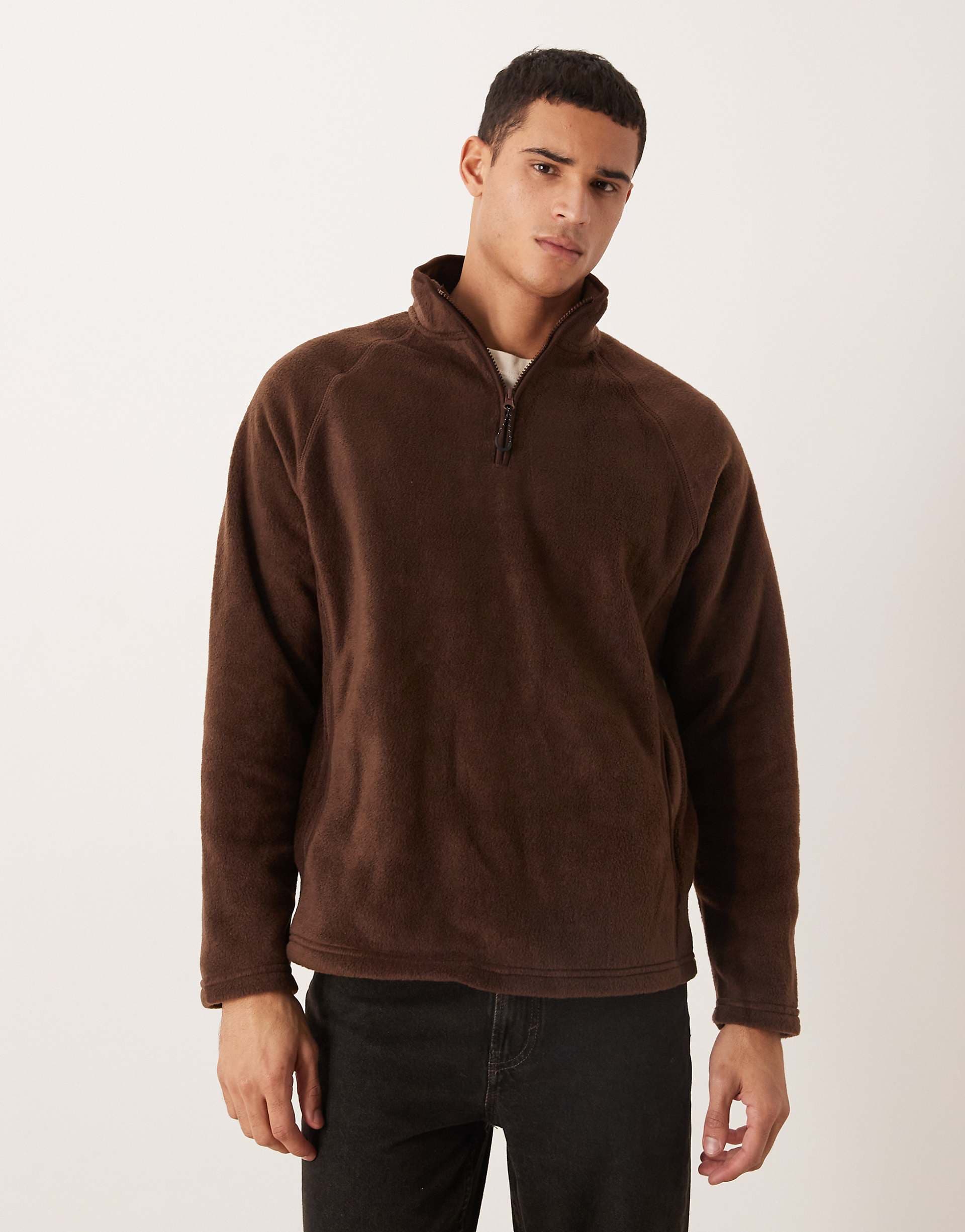ASOS DESIGN relaxed funnel neck quarter zip fleece sweatshirt in light brown