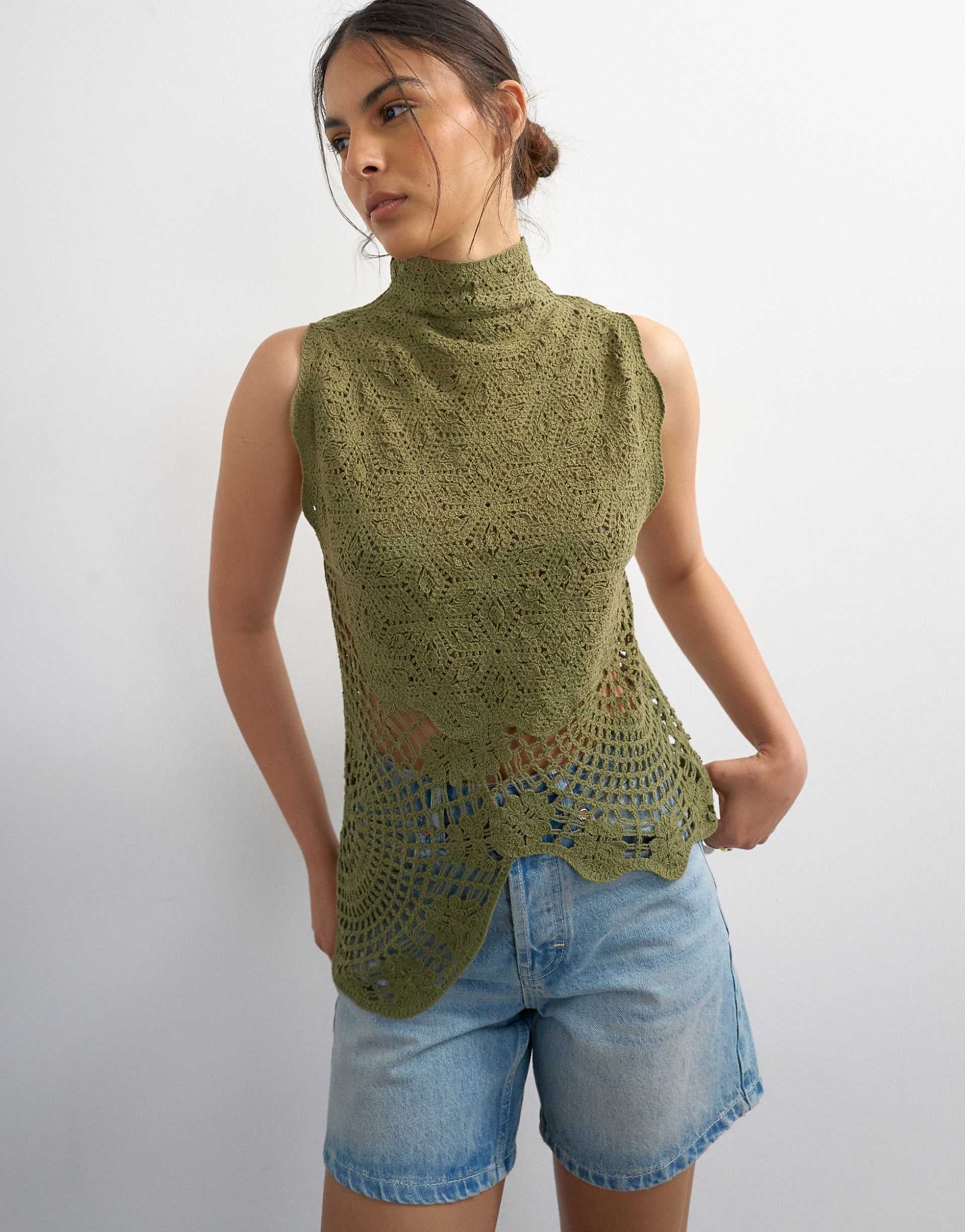 Topshop knit crochet shape top in khaki green