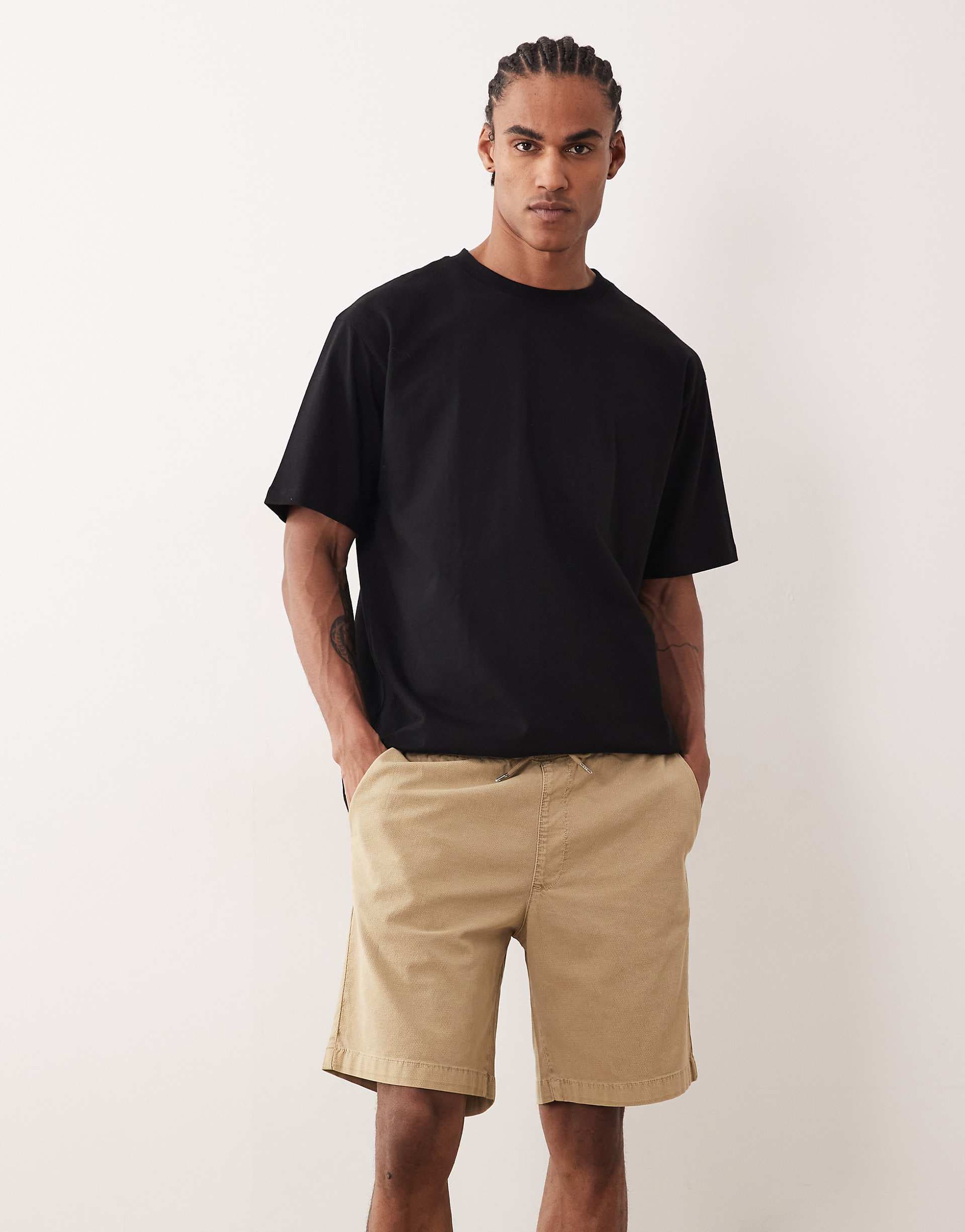 Jack & Jones textured drawstring shorts in beige