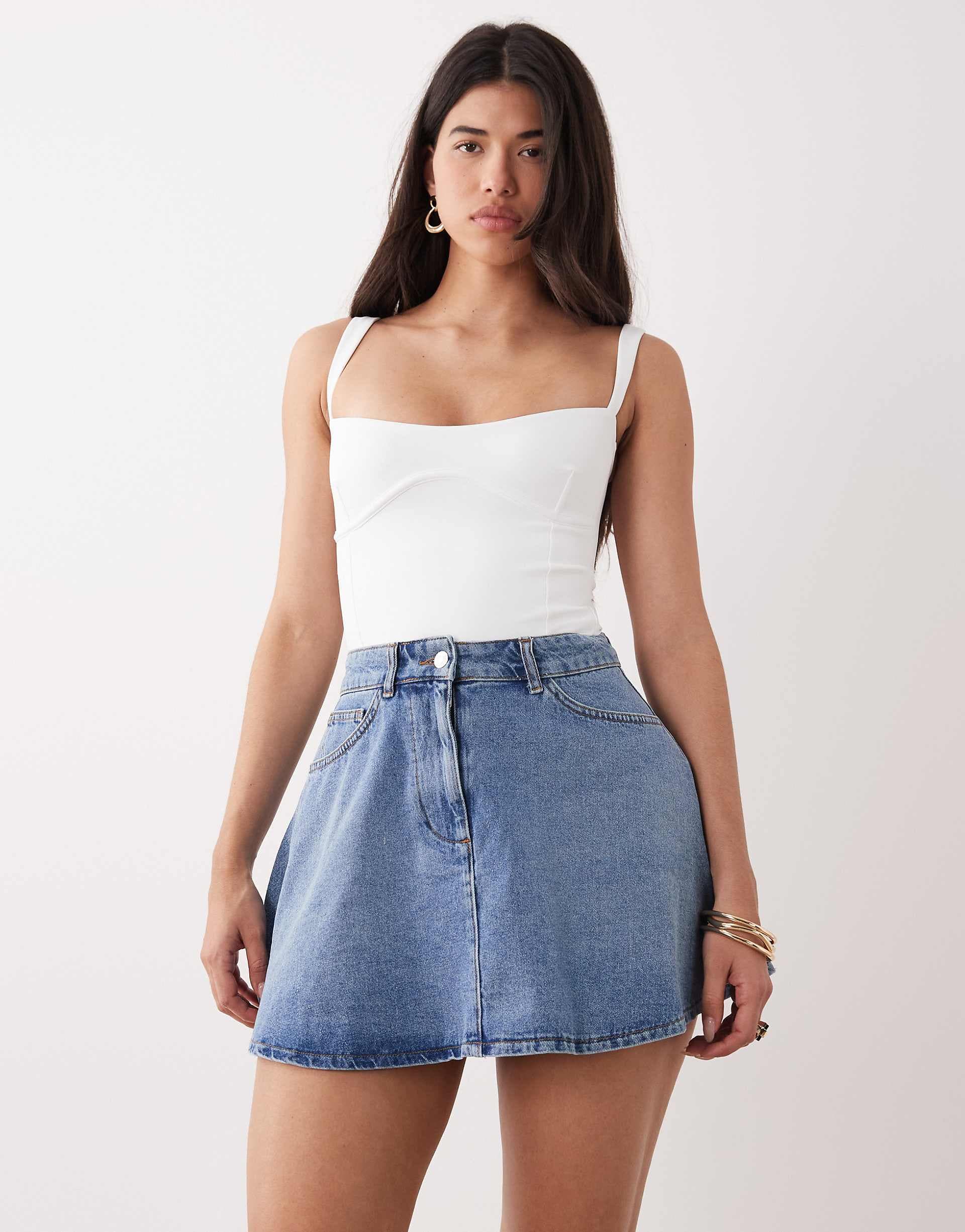 ASOS DESIGN denim circle mini skirt in mid blue