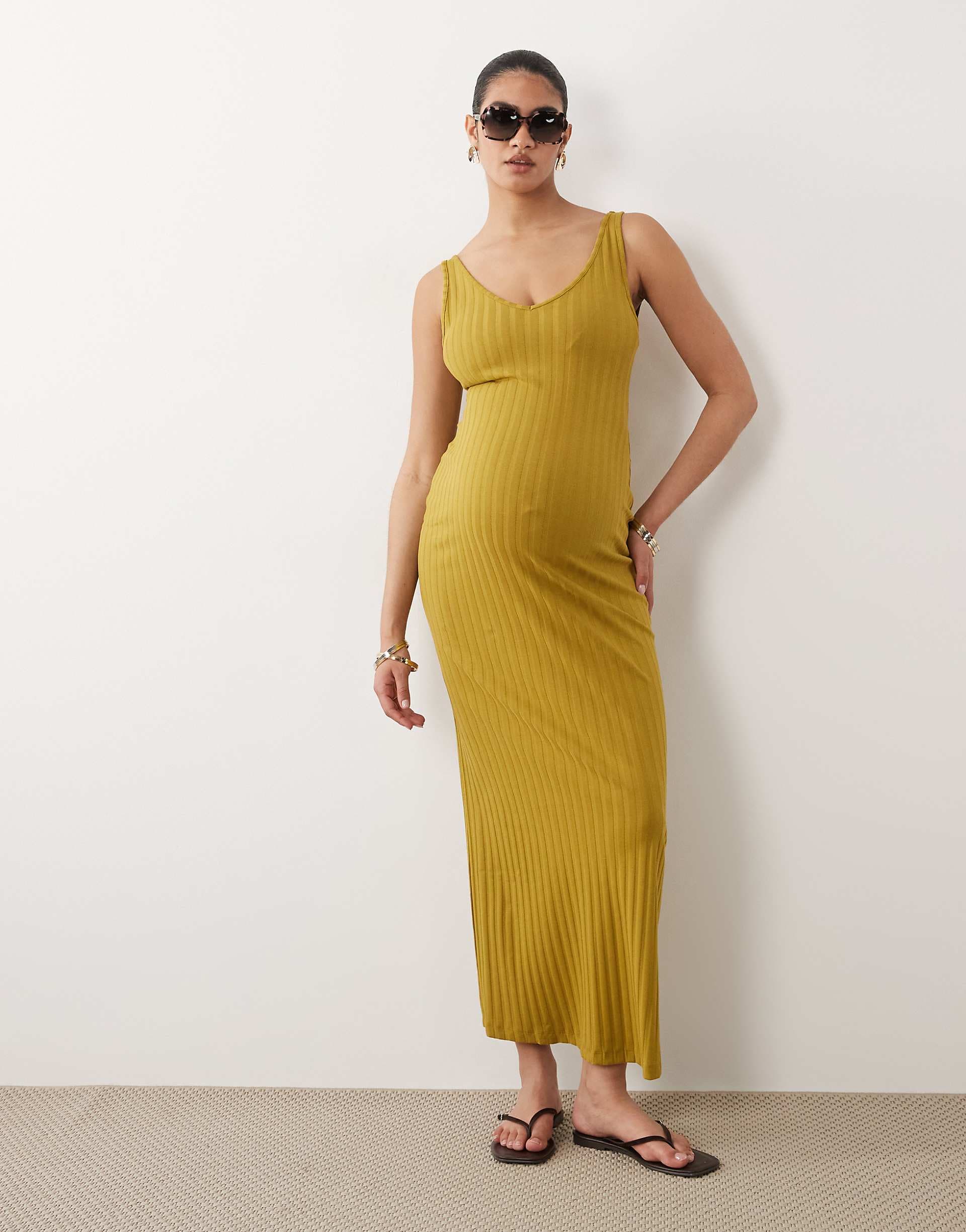 ASOS DESIGN Maternity wide rib sleeveless V neck midi dress in khaki
