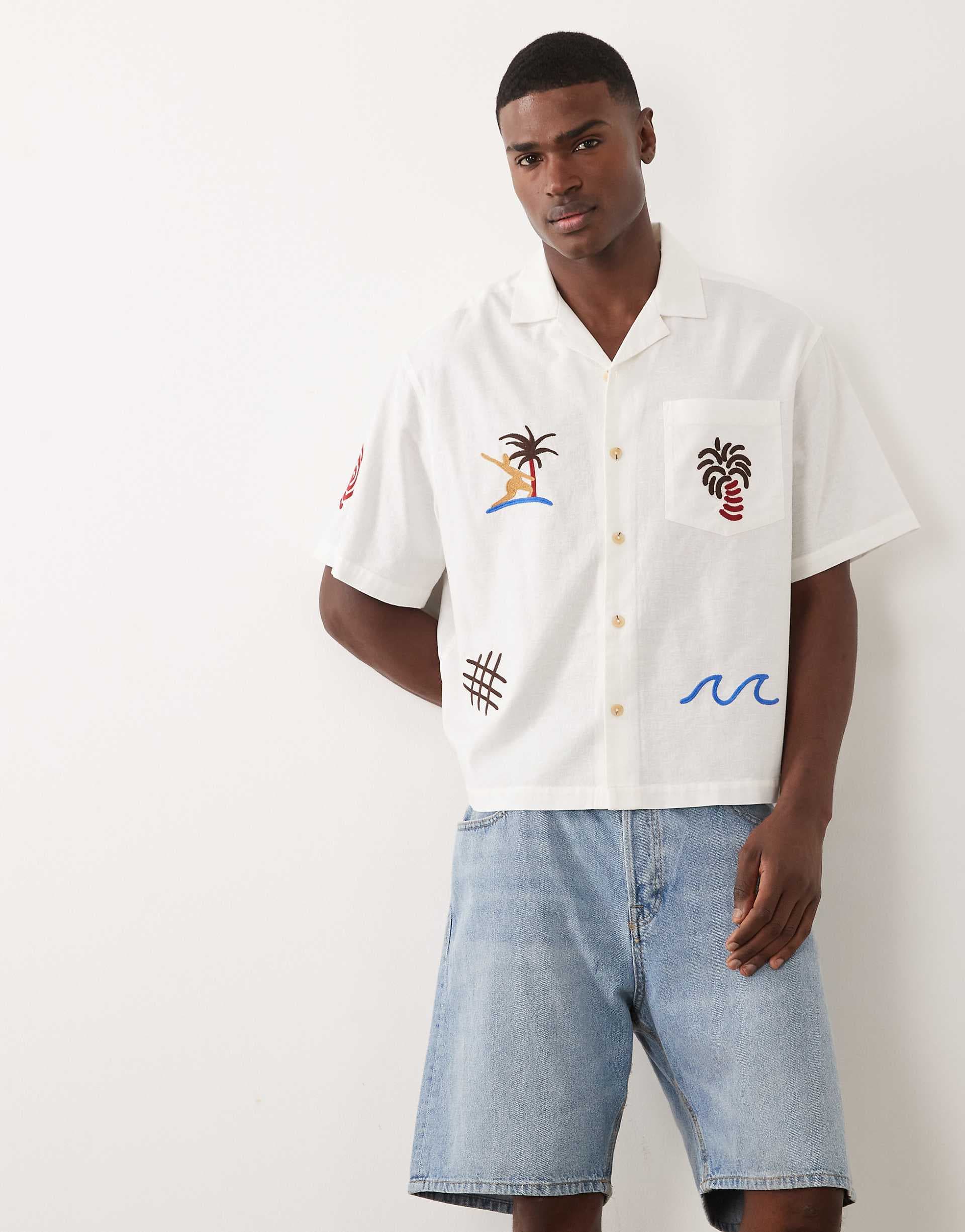 ASOS DESIGN oversized camp collar embroidered shirt with linen in cream