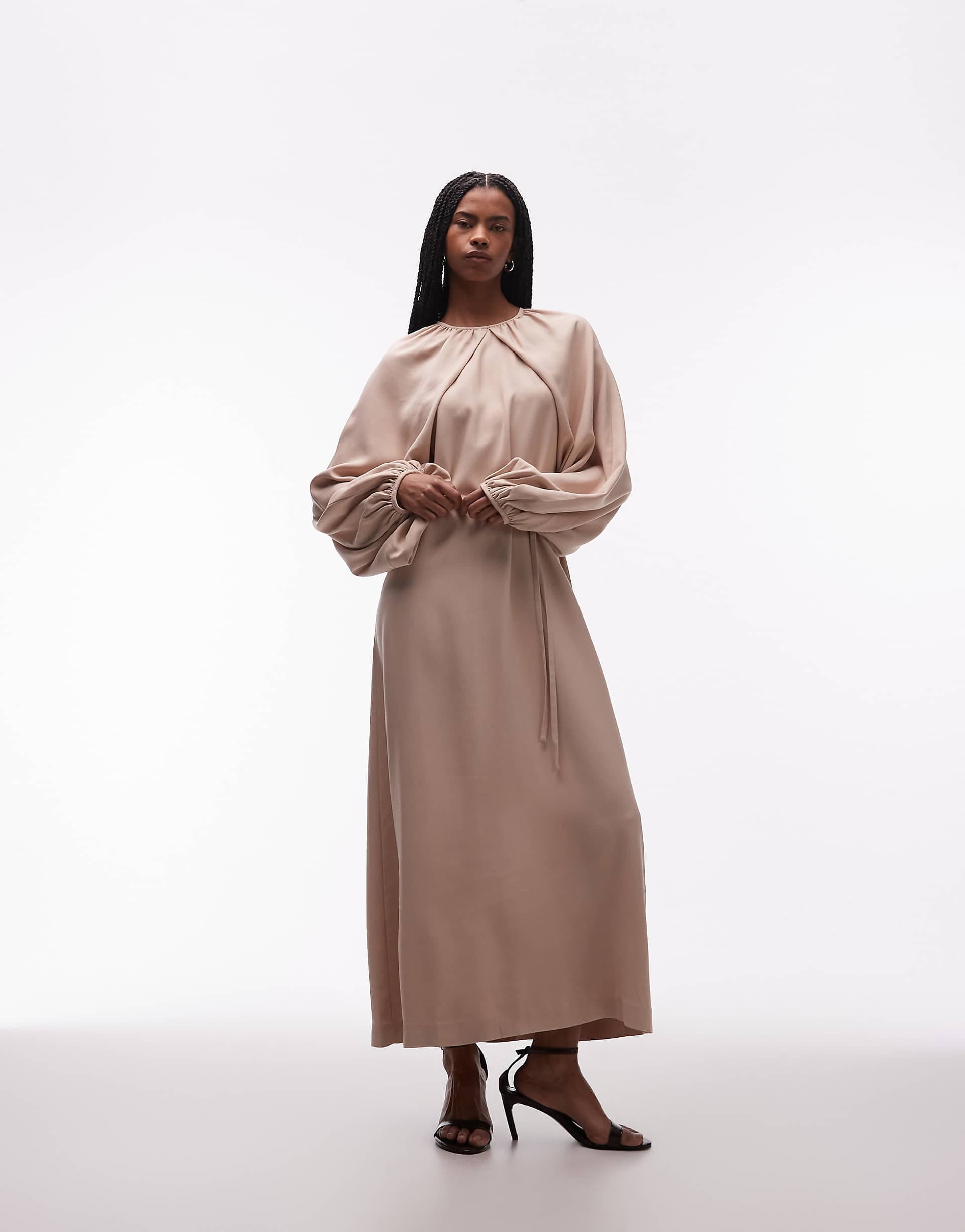 & Other Stories satin cape detail maxi dress with volume sleeves in sand