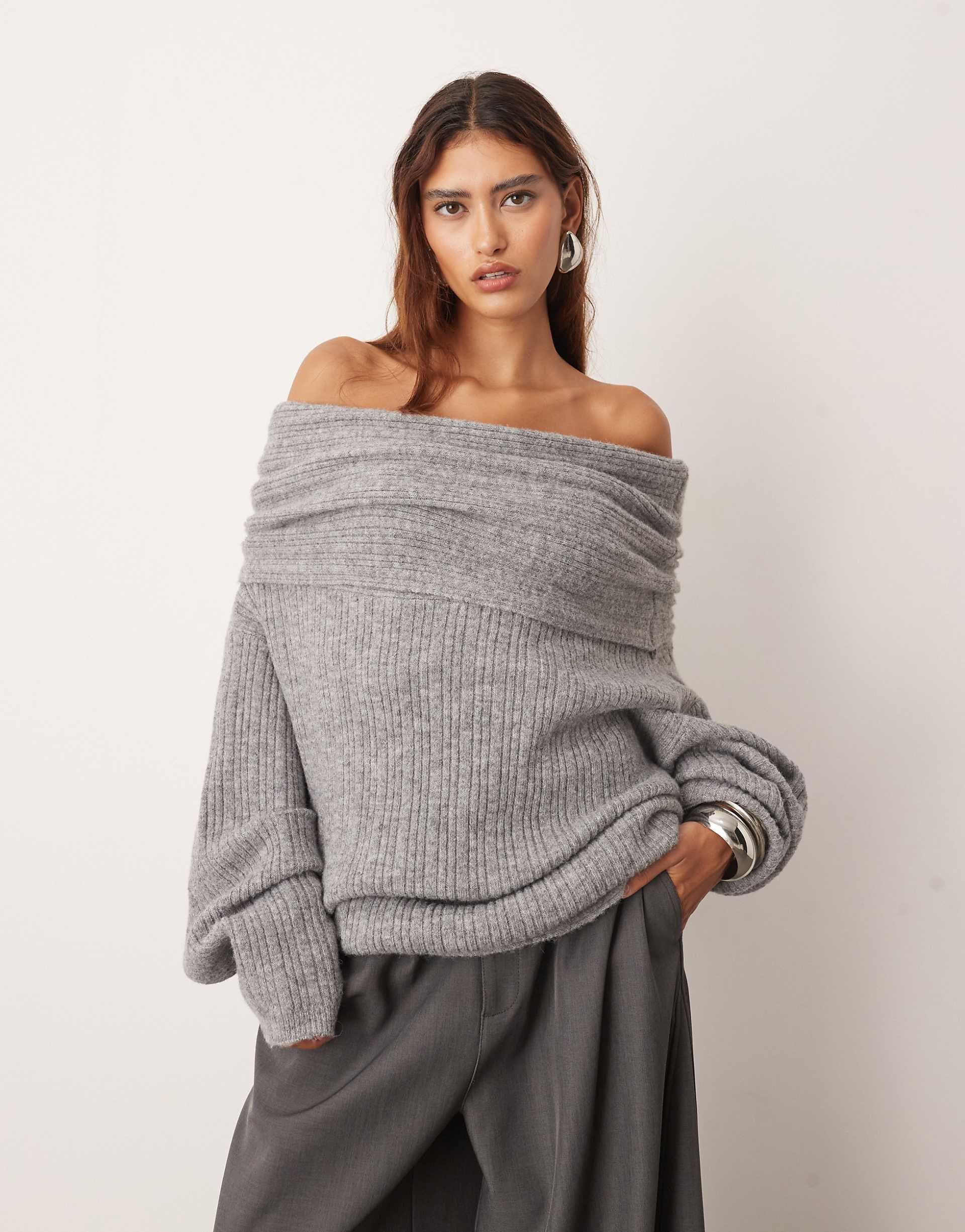 ARRANGE chunky rib knit off-shoulder sweater in charcoal