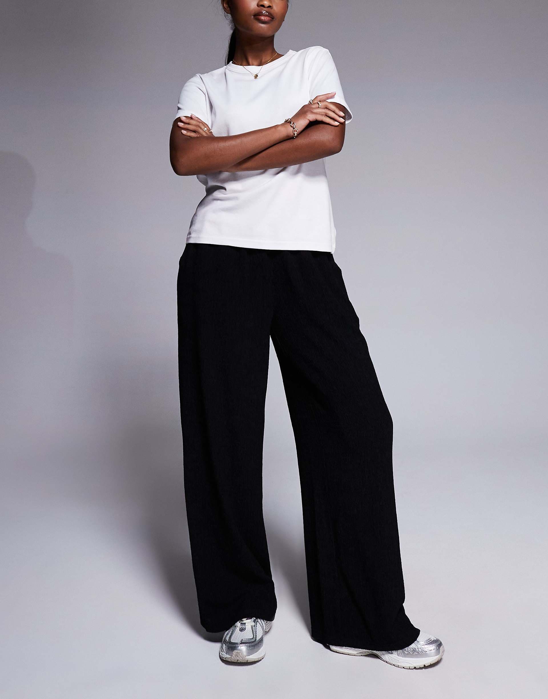 ASOS DESIGN textured wide leg pants in black