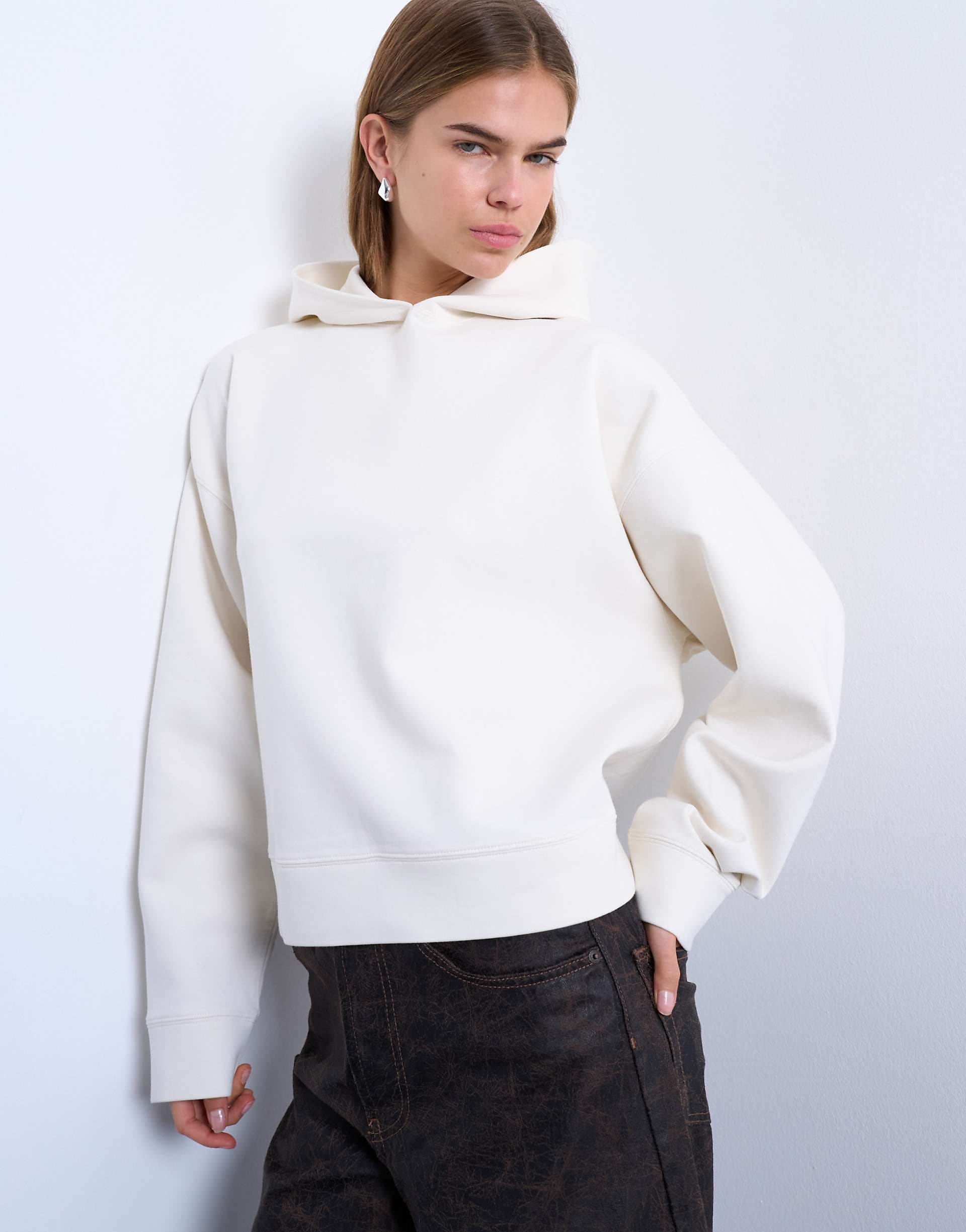 Topshop premium scuba-style fabric oversized jean grazer hoodie in ecru