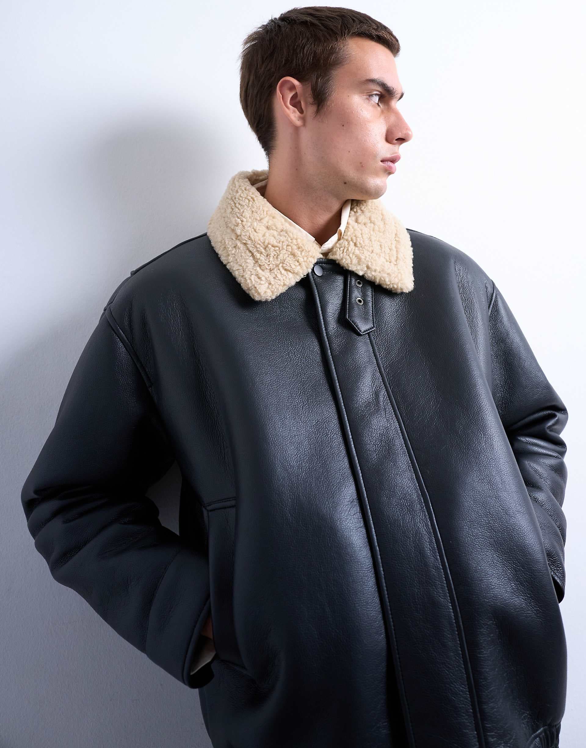Topman faux leather bomber jacket with faux shearling collar in black