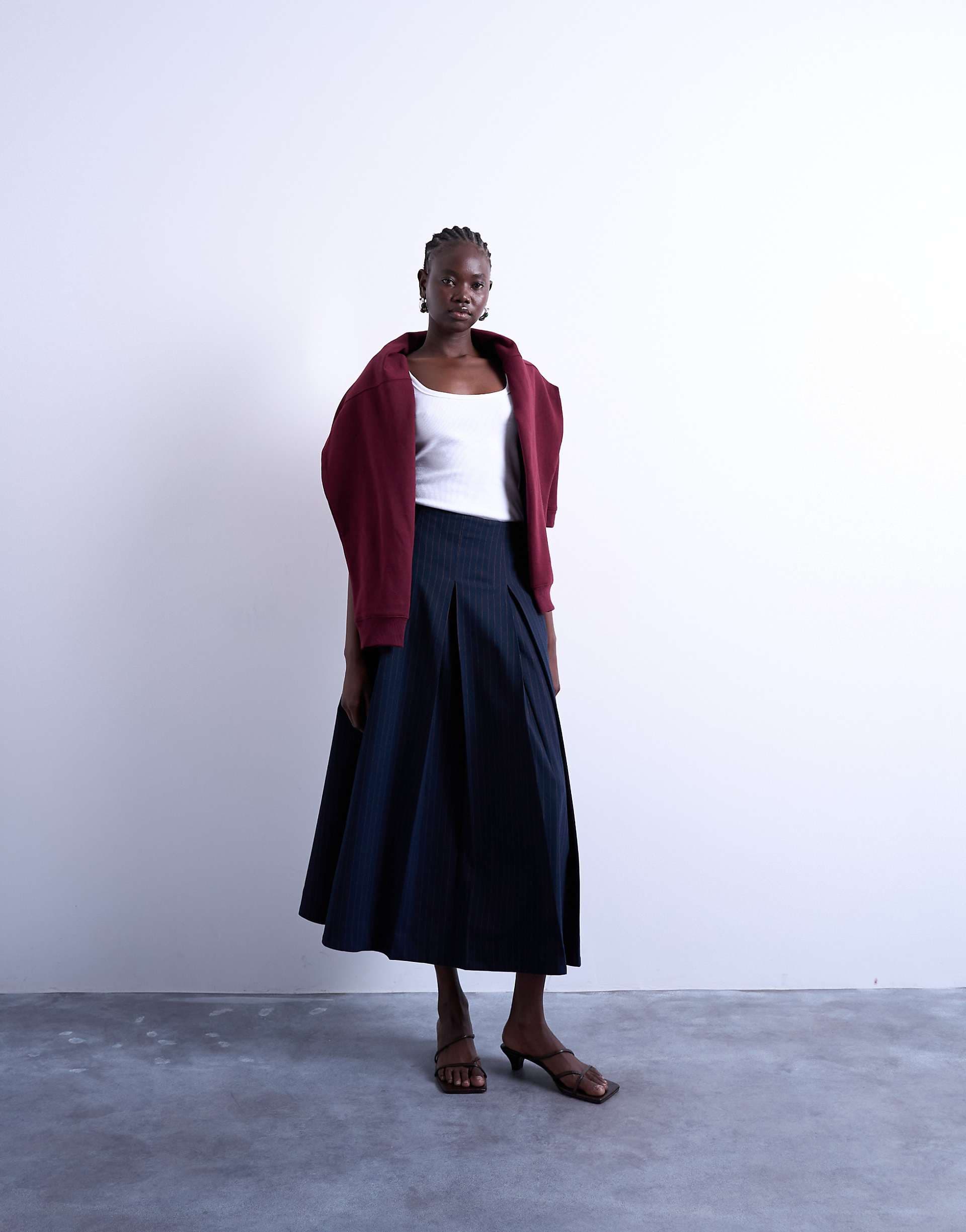 Topshop pleated midi skirt in navy with rust stripe