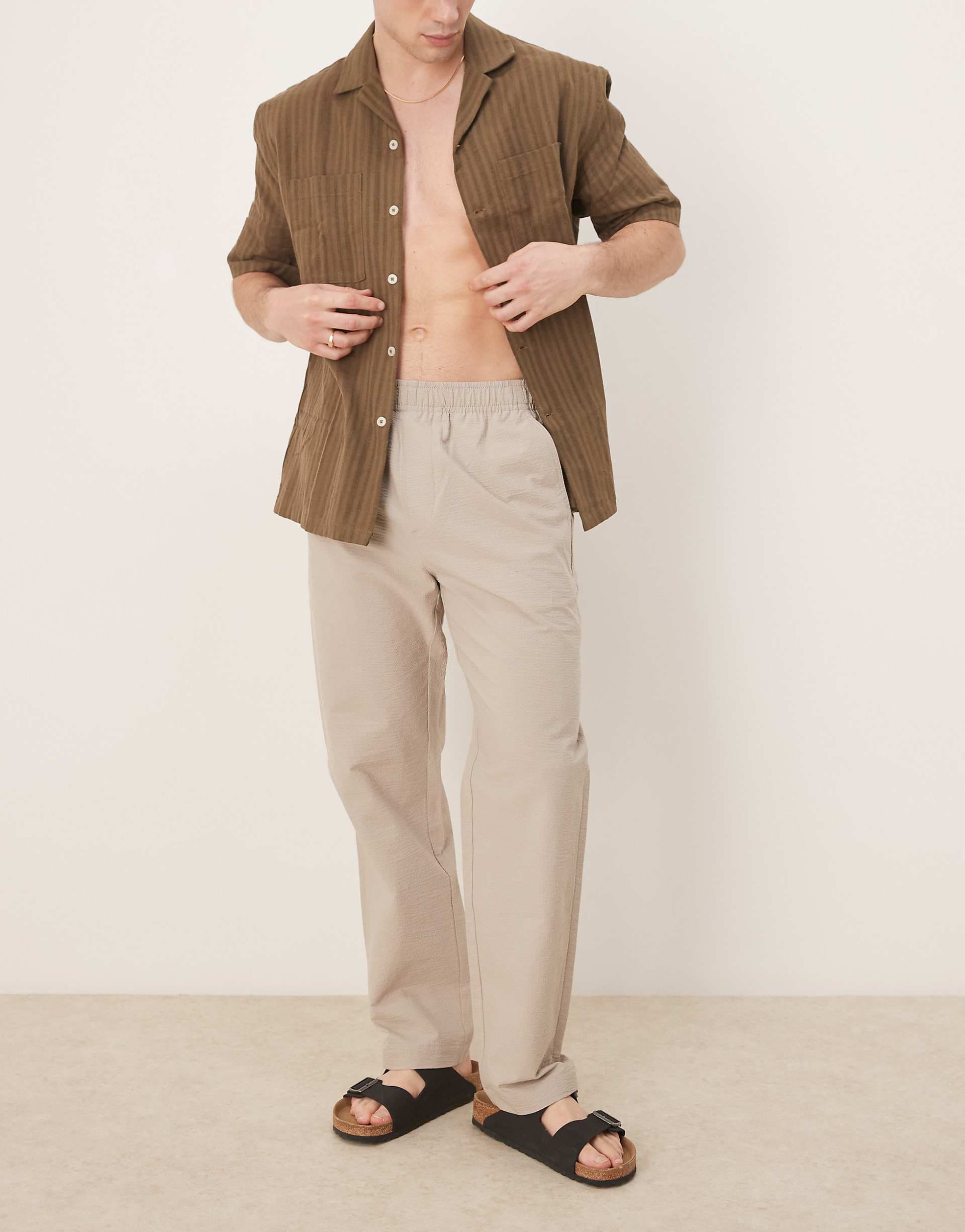 Selected straight fit seersucker pants in cream