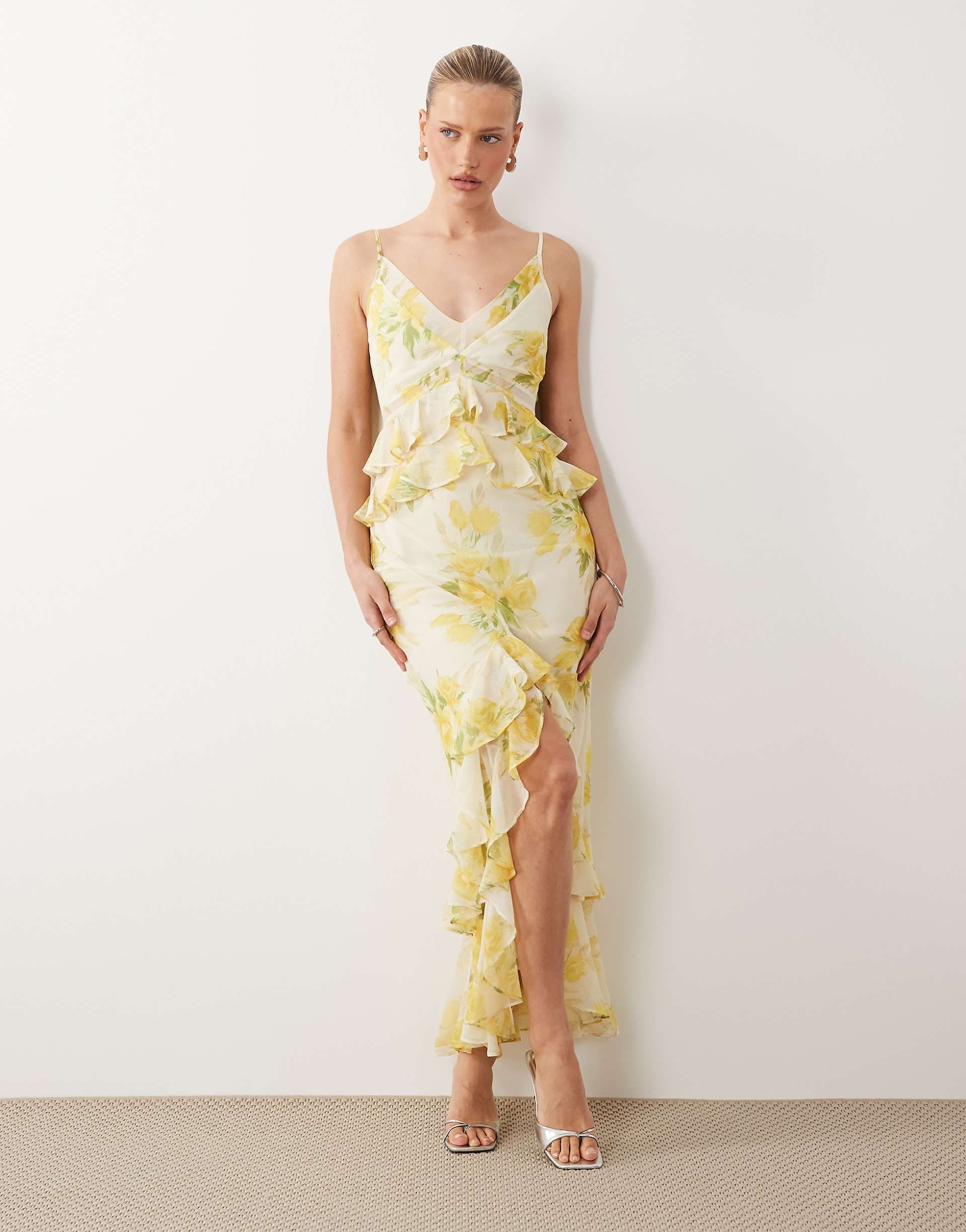 ASOS DESIGN ruffle column cami maxi dress in floral and spot print