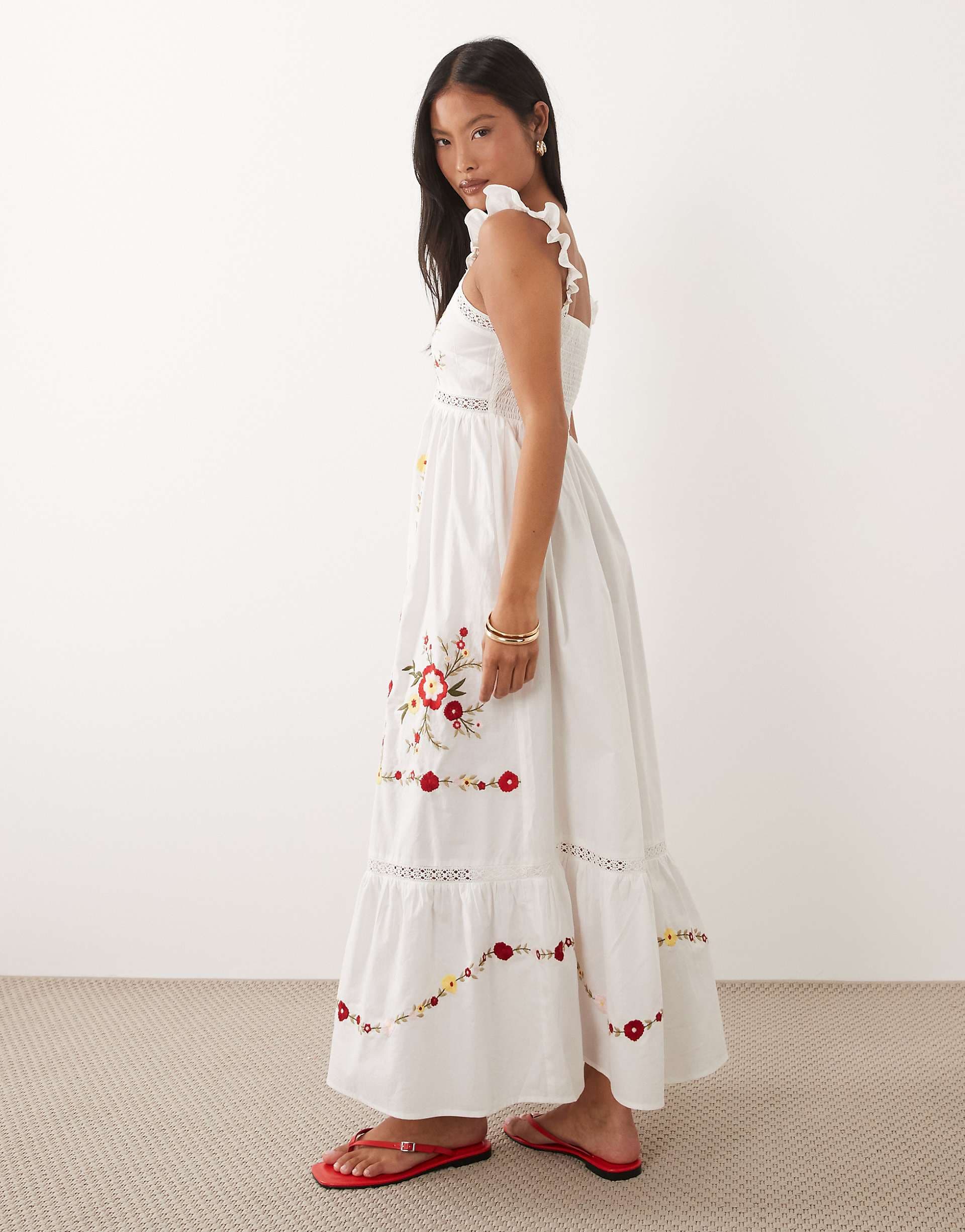 Miss Selfridge Petite lace insert embroidered maxi dress in white
