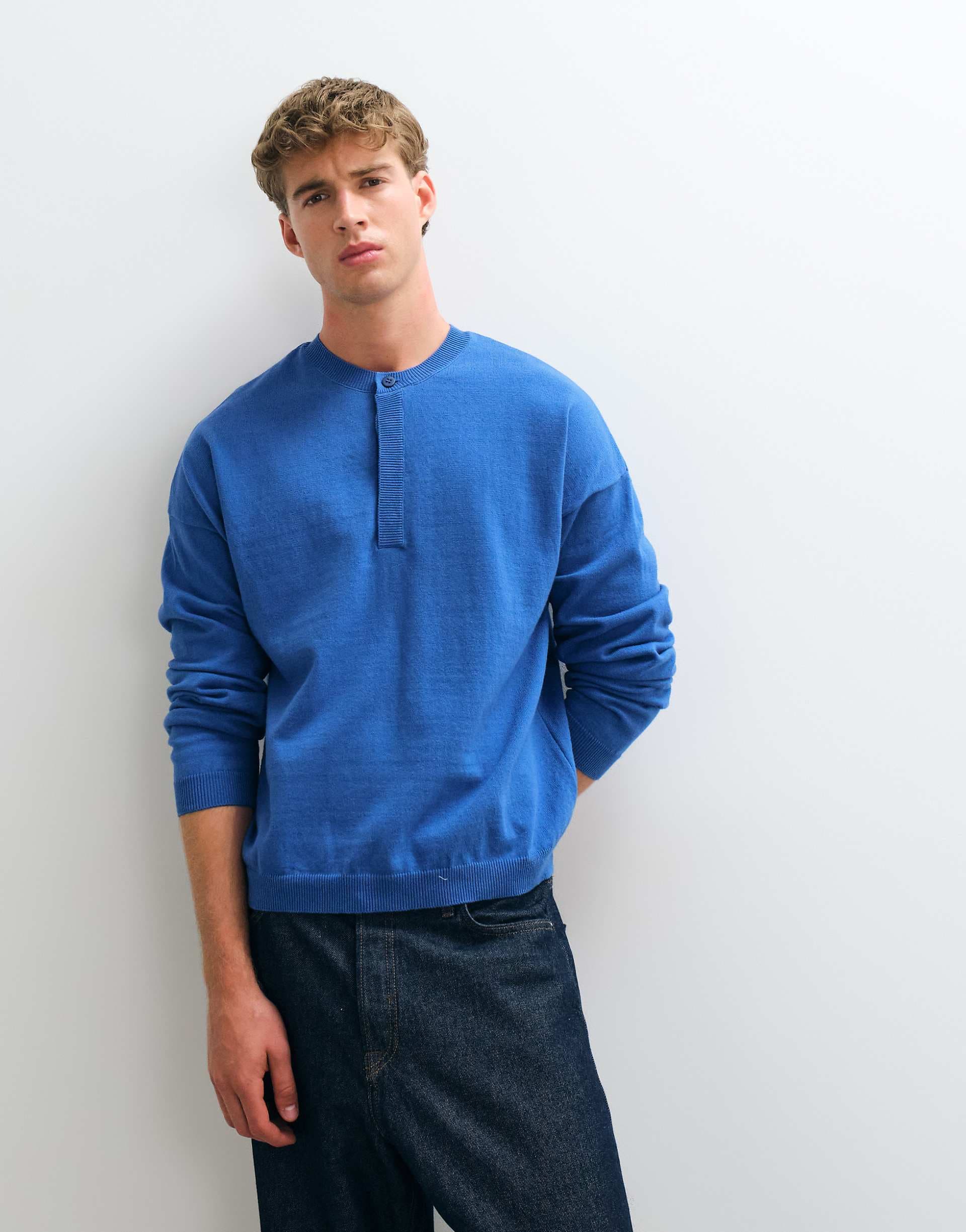 ASOS DESIGN oversized knit henley sweater in blue